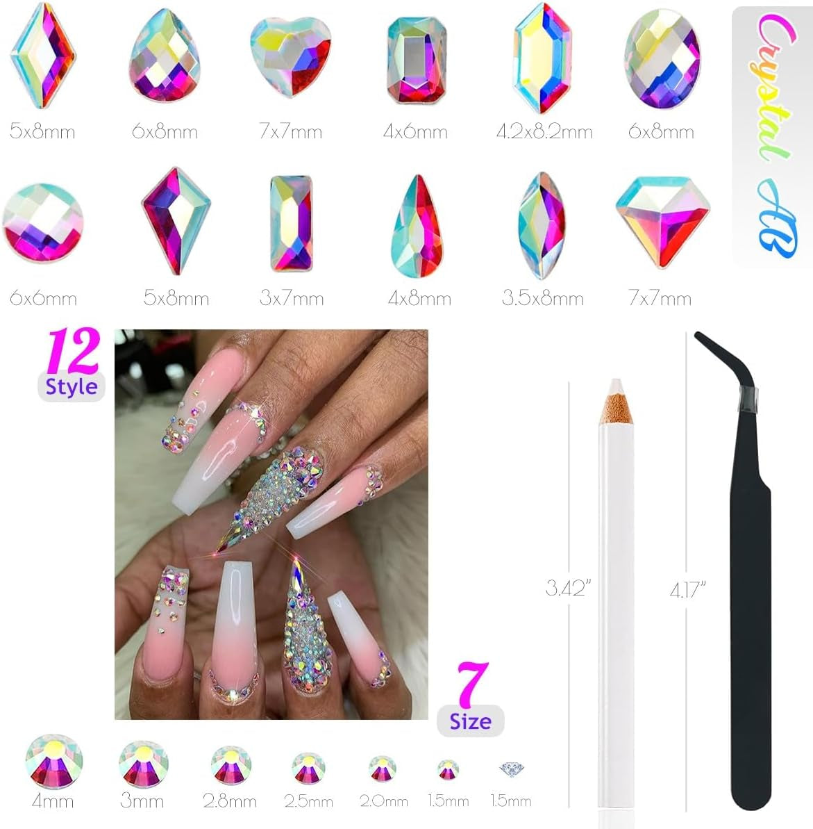 2630 stuks AB kristal fonkelende stenen voor nagels, 120 12 soorten grote fonkelende stenen + 2510 6 maten ronde K9 glazen stenen voor nagels, strass steentjes, nagelontwerpen, nagelbedels voor gezichtskunst