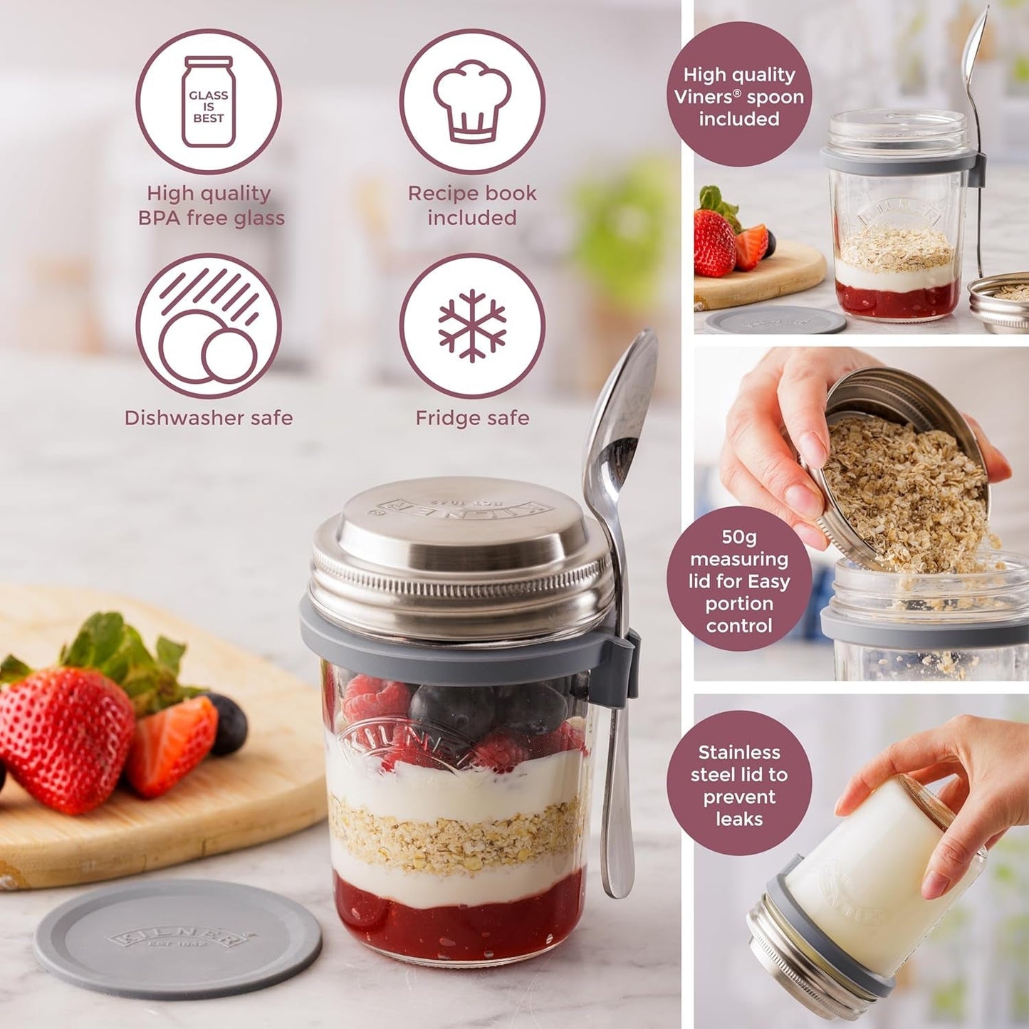 Kilner ontbijtpotje met lepel / 350 ml, Ø 9,5 cm / 5 stuks | mueslibeker voor meeneemmaaltijden / niet giftig / glazen container met deksel voor muesli, pap en yoghurt / container voor nachtelijke haver Naty Shop voedselbewaardozen