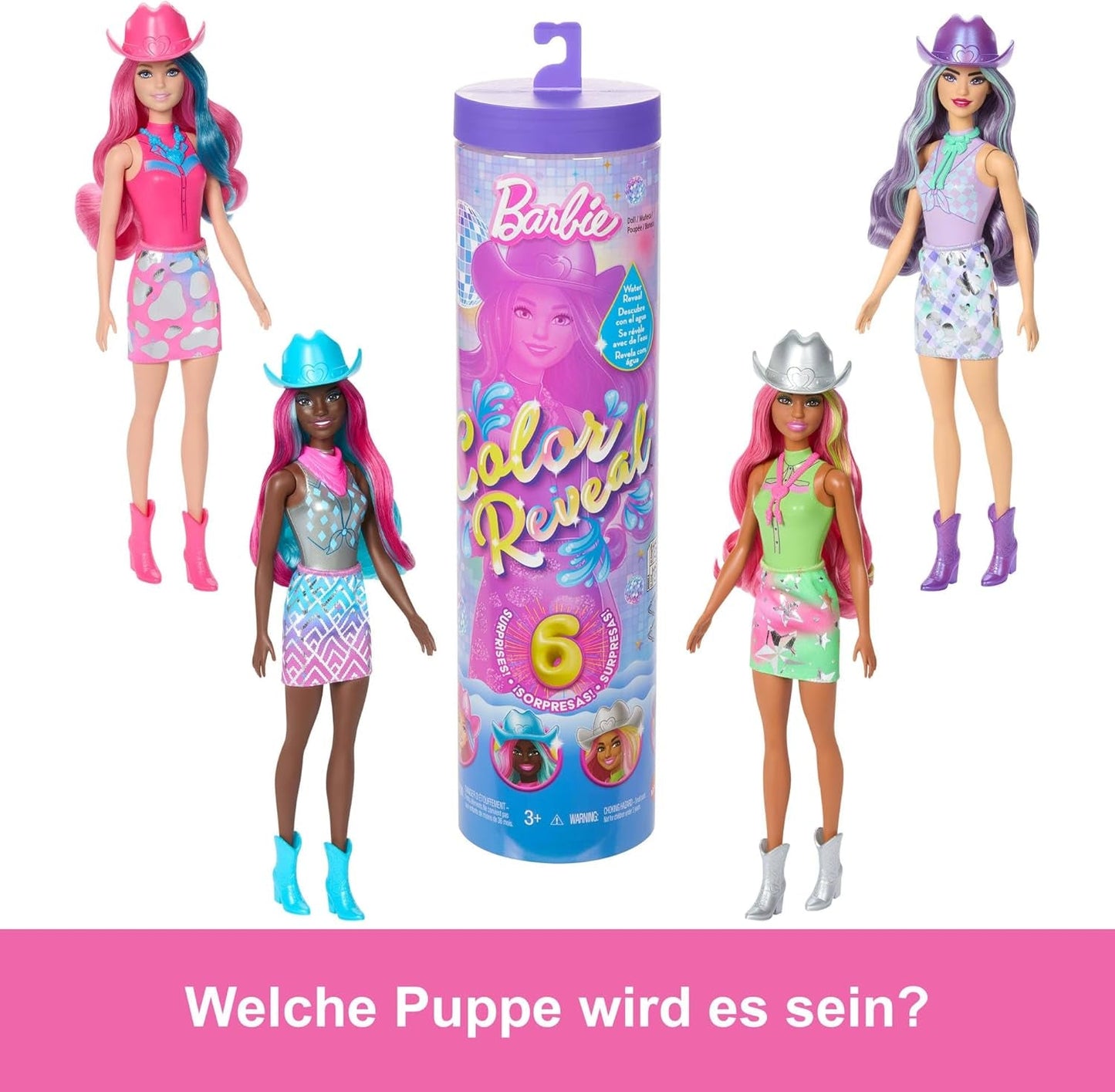Barbie Kleuronthullingspop en accessoires met 6 verrassingen, Disco Star-serie met metallic glitter en van kleur veranderende bovenkant (stijlen kunnen variëren), JCP01, 32 cm