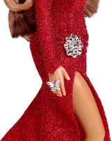 Barbie Mariah Carey - Verzamelpop met sprankelende rode jurk, ruches, split, charmante krullen, zilveren accessoires, rode hoge hakken, kersttraditie, decoratie, HJX17