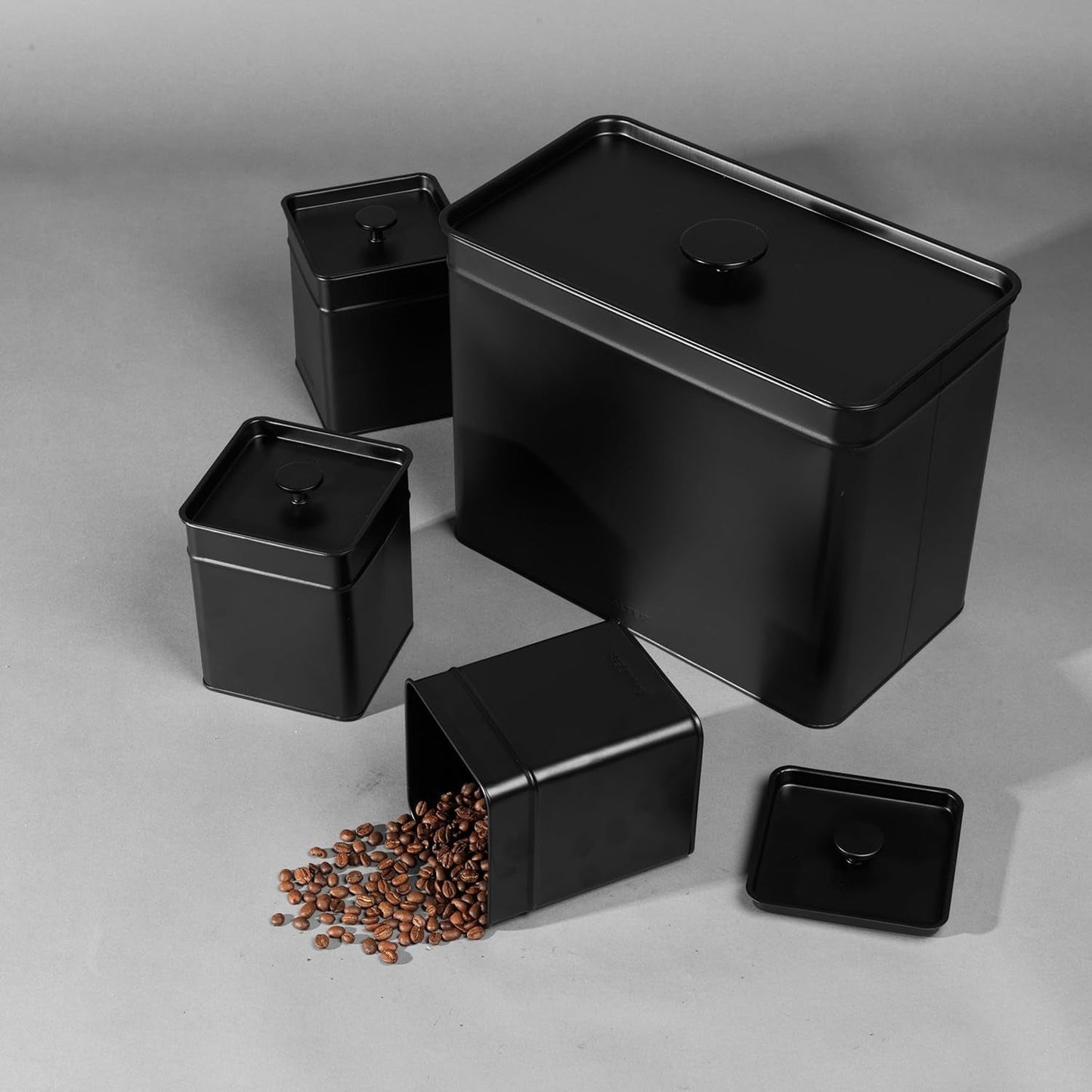 Salter BW12614EU7 Kuro Opbergdozenset - 4 Keukencontainers Brood/Thee/Koffie/Suiker Vierkante Organizer Boxen Gemakkelijk schoon te maken Houd voedsel vers Zwarte voedselopbergdozen Naty Shop
