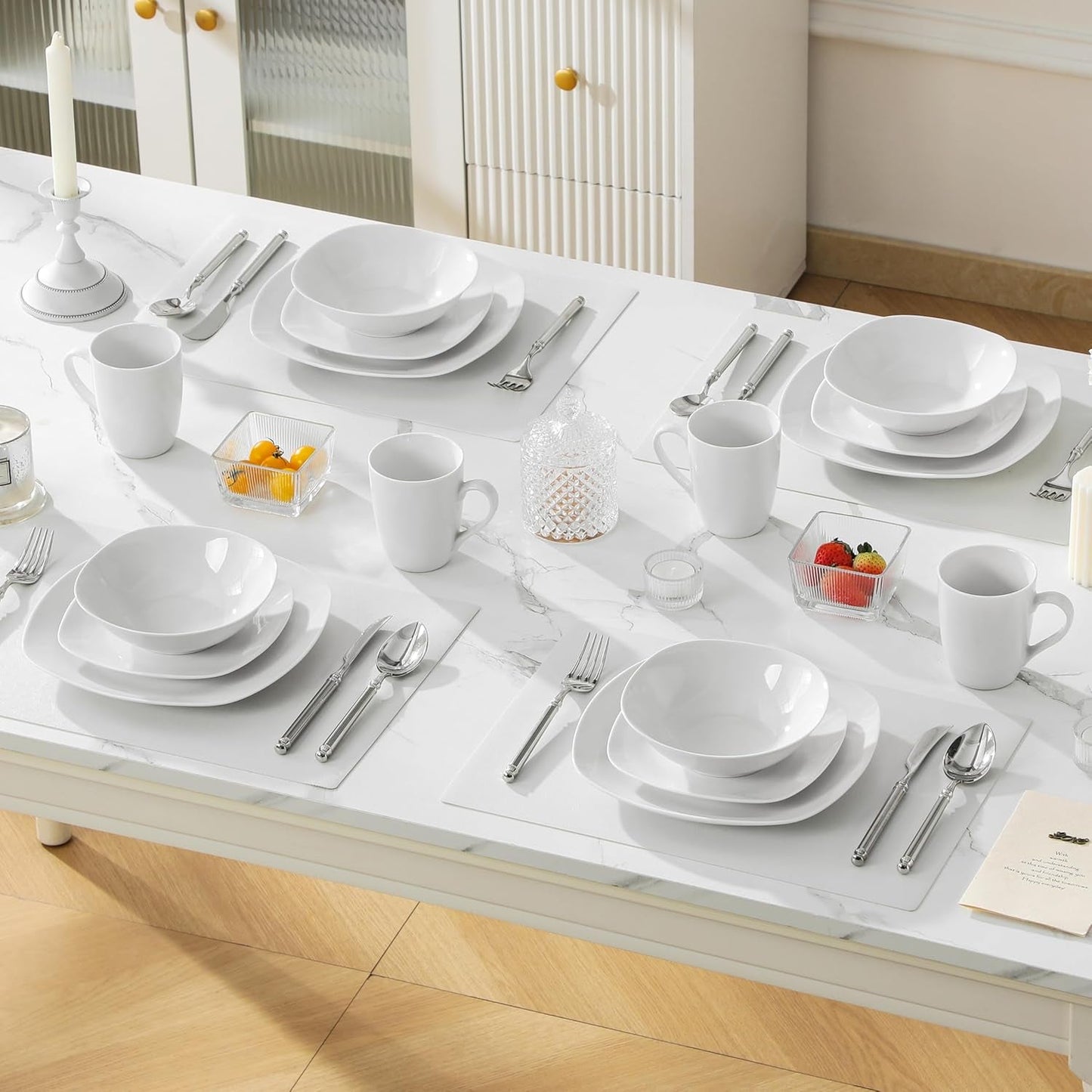 MALACASA Serviesset voor 4 personen, 16-delig wit porseleinen servies, moderne serviesset met 4 dinerborden, dessertborden, Suma-borden en kopjes, ELISA-serie