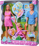 Simba 105733673 - Steffi Love Happy Family, zwangere pop, Kevin, Evi en baby met kinderwagen, 11 stuks, accessoires, 30 cm, vanaf 3 jaar