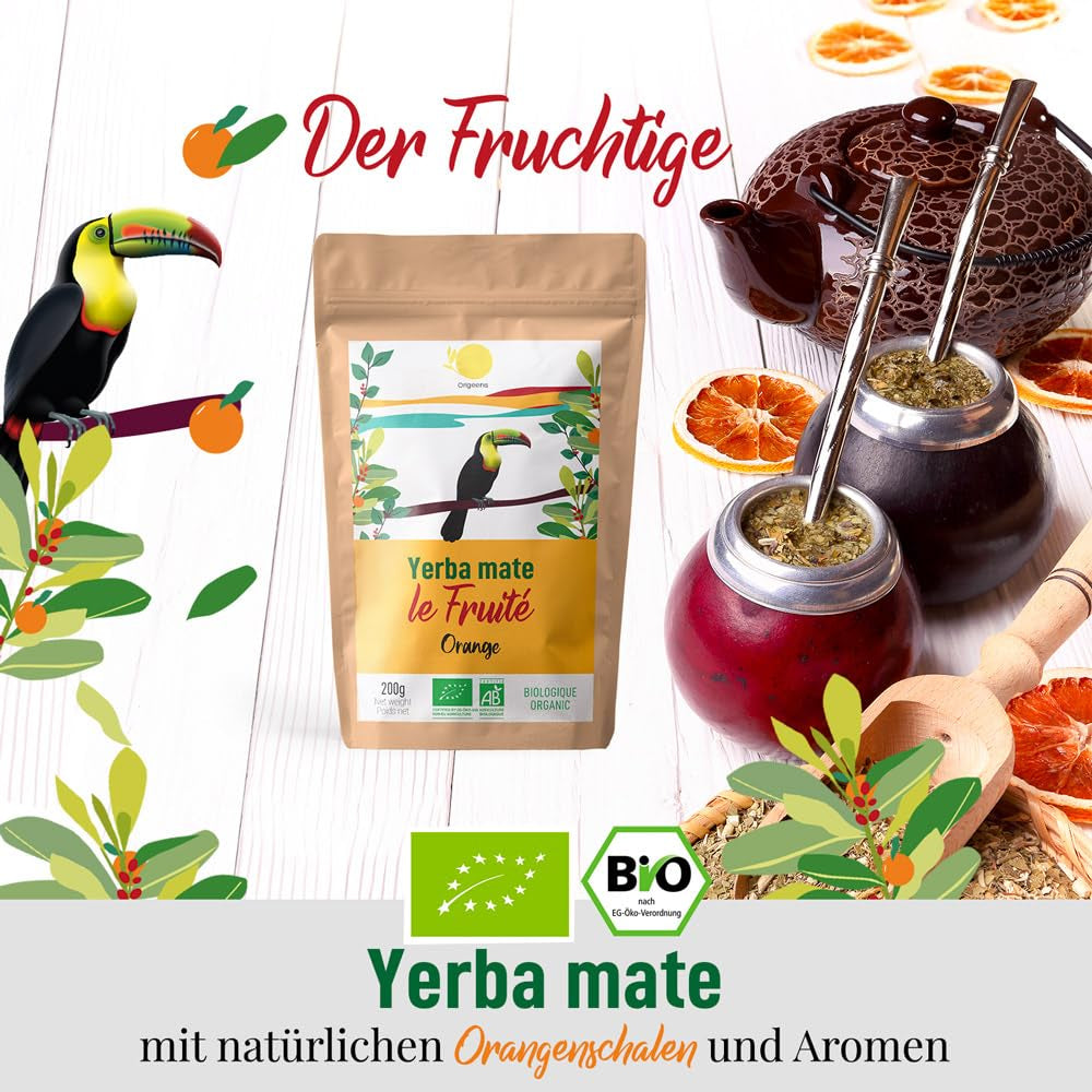 ORIGEENS BIO YERBA MATE met sinaasappelen 200 G - Fruitige thee I Biologische ongebrande Yerba Mate thee, zonder stengels en stof I Energieke en ontgiftende drank