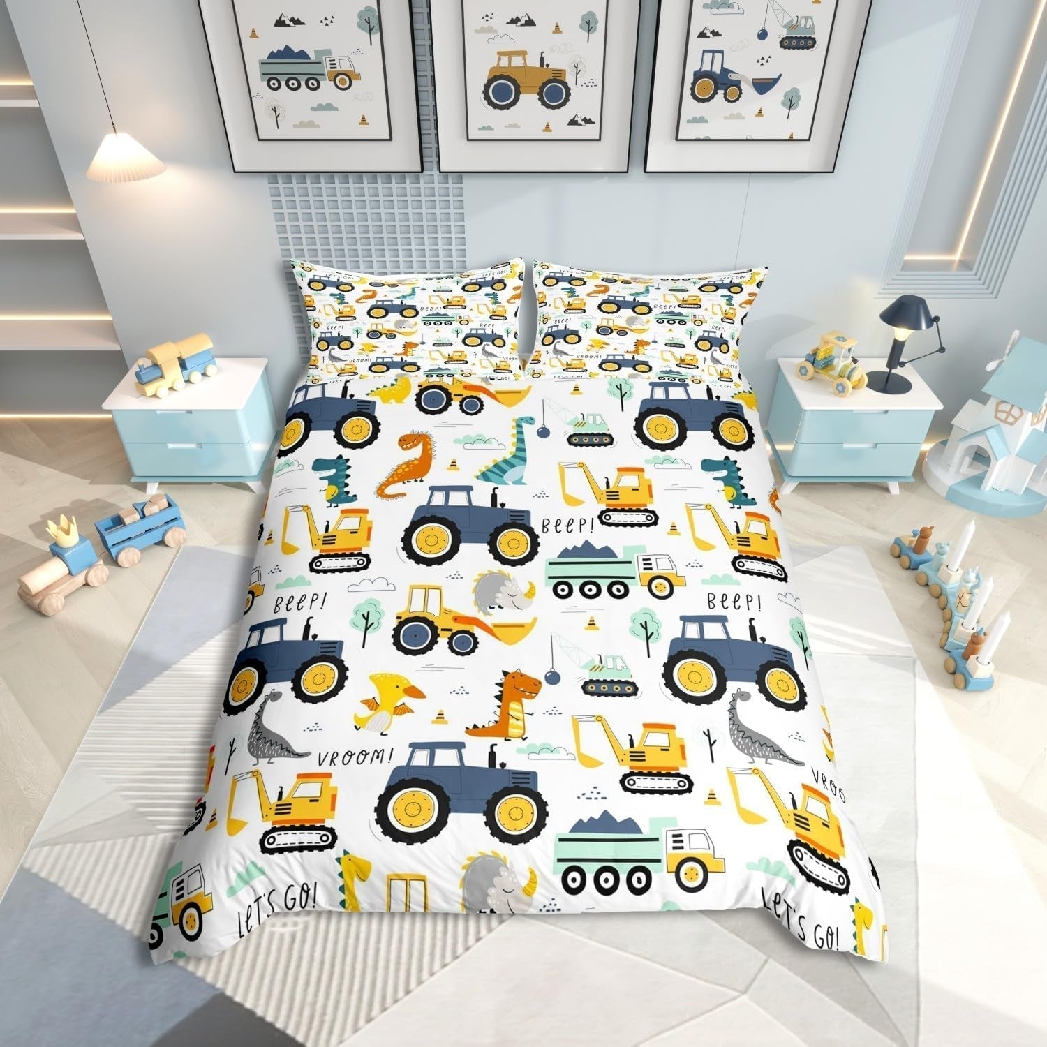 Jungen Cartoon Auto Beddenset 135X200,Kinder Bau Fahrzeuge Tröster Abdeckung Für Kind Kleinkind Teens,Dinosaurier Bettbezug,Traktor Maschinerie Bagger Bettdecke Abdeckung,Lkw Autos Bedtuchen Naty Shop Multi 15 135*200+80*80*1