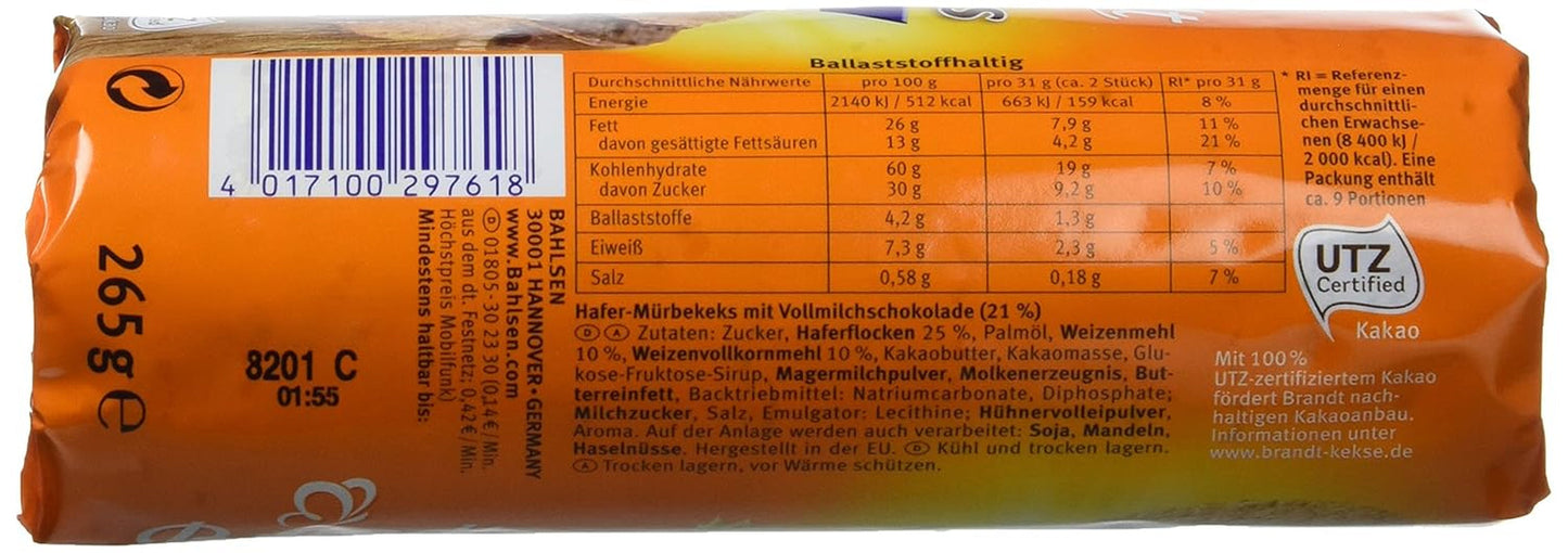 Brandt Hobbits Chocolade - 18 stuks - Opbergdoos - Volkoren vezelrijke havermout halffijne chocoladekoekjes (18 x 265 g)