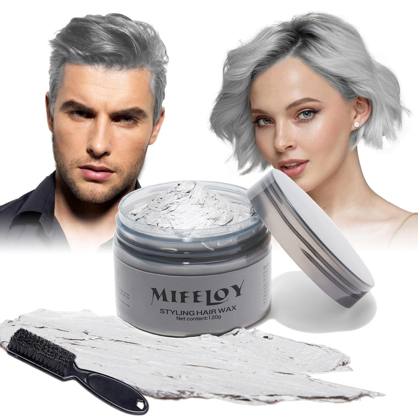 4.23oz Paarse haartint Tijdelijke haarkleur met borstels, Heren Dames Styling Haartoonwas, Instant Haarcrème Modder Natuurlijk Kapsel Pommade, DIY Cosplay Halloween Haarwas Haarverf Naty Shop Grijs
