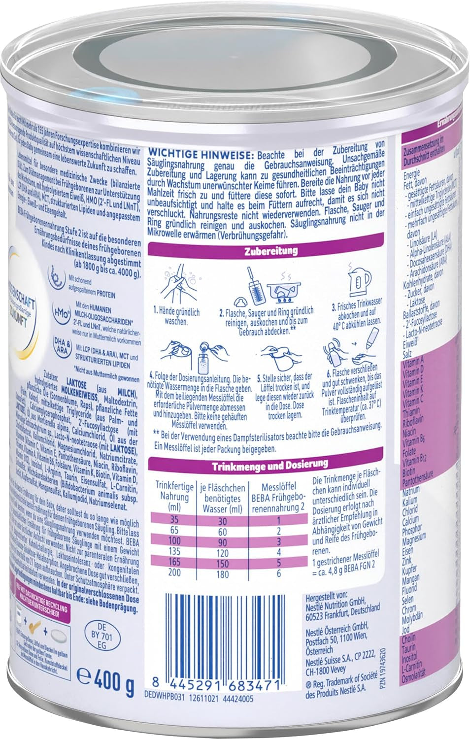 BEBA Formule voor premature baby's Fase 2 - Premature baby's na ontslag uit het ziekenhuis Babyvoeding Babymelkpoeder, pakket van 3 (1 x 400 g)