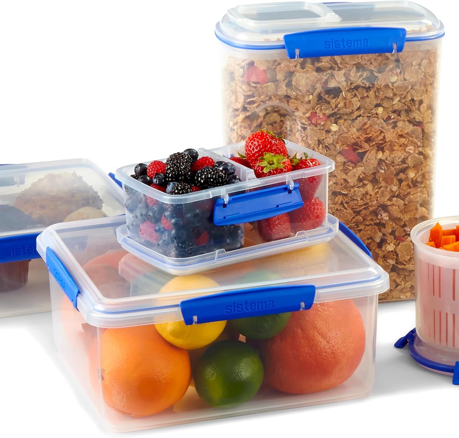 Pot voor voedselopslag KLIP IT Systeem | 9,67 liter | stapelbare en luchtdichte voorraadpot met deksel, geschikt voor koelkast/vriezer | BPA-vrij kunststof | blauwe clips | 1 stuk (pak van 4) Naty Shop voedselbewaardozen