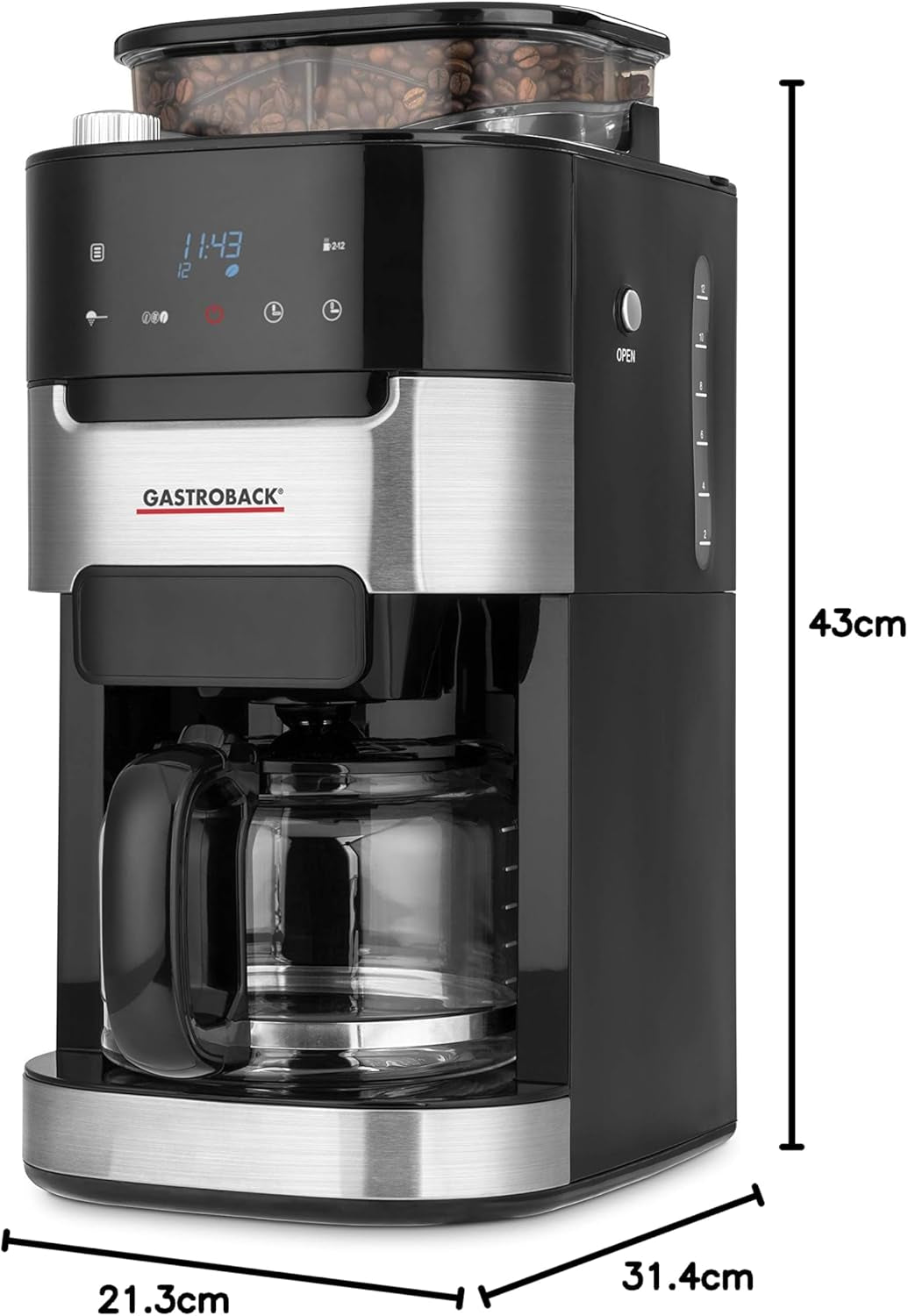 GASTROBACK 42711 Grind & Brew Pro koffie-espressomachine, koffie-espressomachine met geïntegreerd filter en molen, conische molen met 8 maalinstellingen, LCD-touchscreen, kunststof