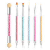 6 Stück Nagel Pinsel Set, Doppel-Ende Nageldesign Pinsel, Acryl Nail Art Pinsel Set Nail Art Liner Pinsel Dotting Tool voor DIY Nail Art Design (Mit 1 Schwammbürste)