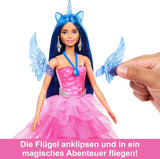 Barbie Hidden Magic - Eenhoornpop, roze jurk met saffierblauwe details, eenhoornhoofdband, afneembare saffiervleugels en staart, vanaf 3 jaar, HRR16