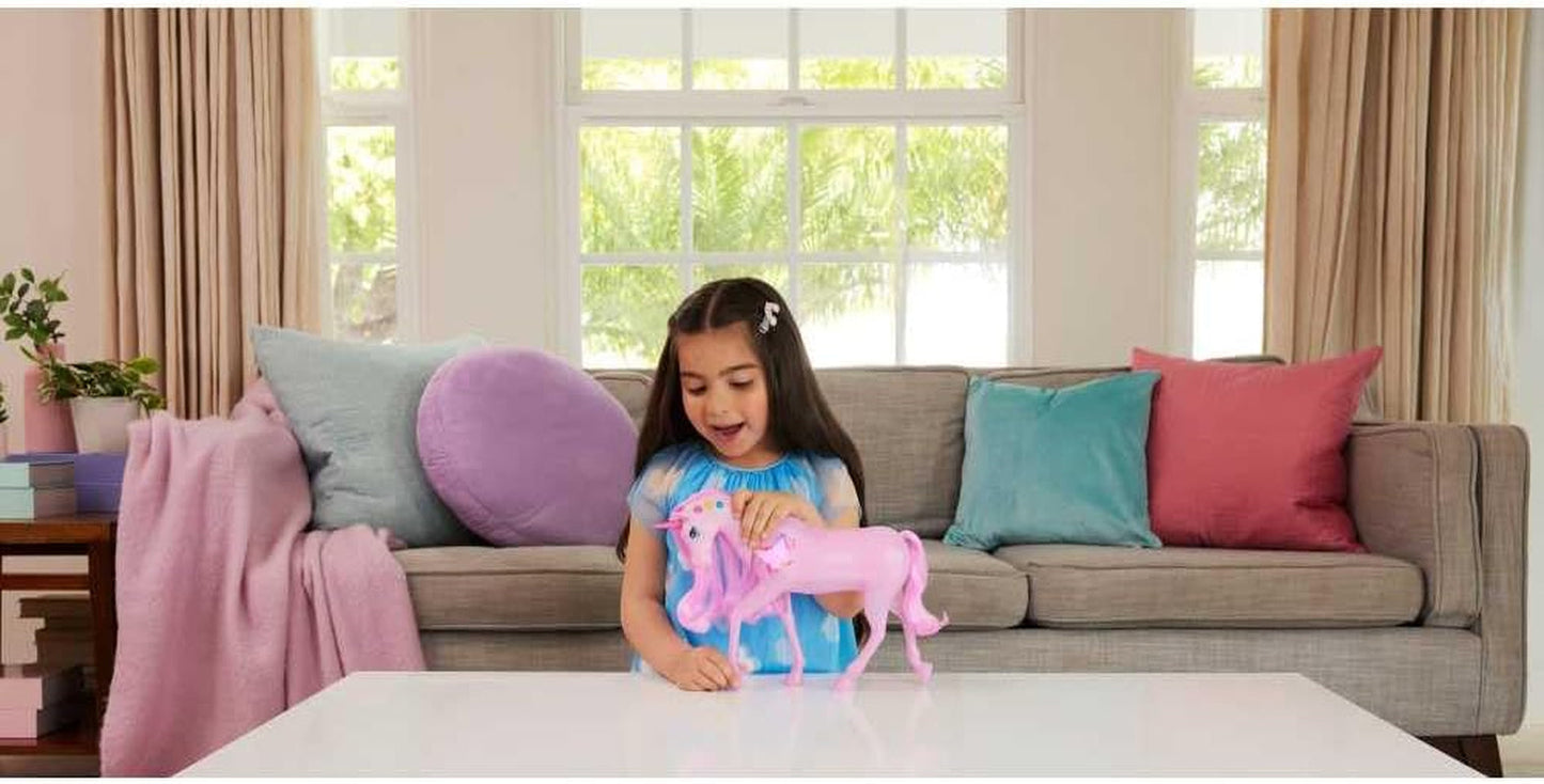 Barbie glow-in-the-dark eenhoorn met 20 interactieve combinaties van licht-, geluids- en muziekeffecten voor spel met drukknoppen en hoofdstreling, JCP78