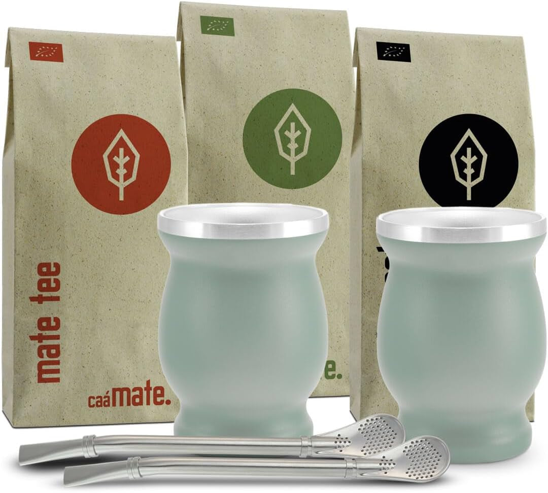 Mate Bio-theeservies ● 3 Mate-assortimenten + 2 dubbelwandige roestvrijstalen Mate-bekers + 2 bombilla's + zetinstructies (zwart)
