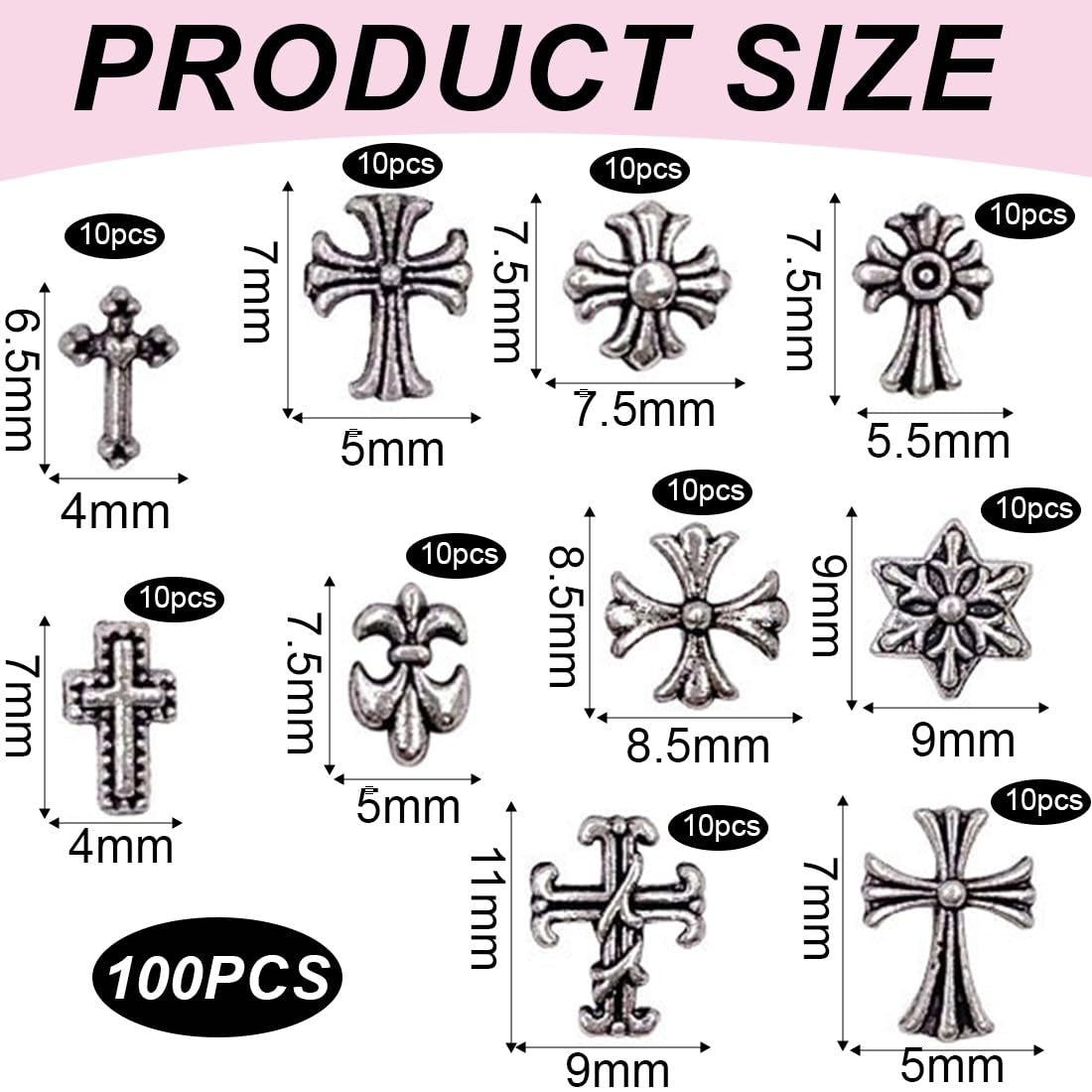 100 stuks 3D kruisnagelsleutelhangers, kruisspijkersleutelhangers, chromen nagelsleutelhangers, vintage nagelaccessoires, doe-het-zelf nageldecoraties, voor vrouwen en meisjes, doe-het-zelf nageldecoraties