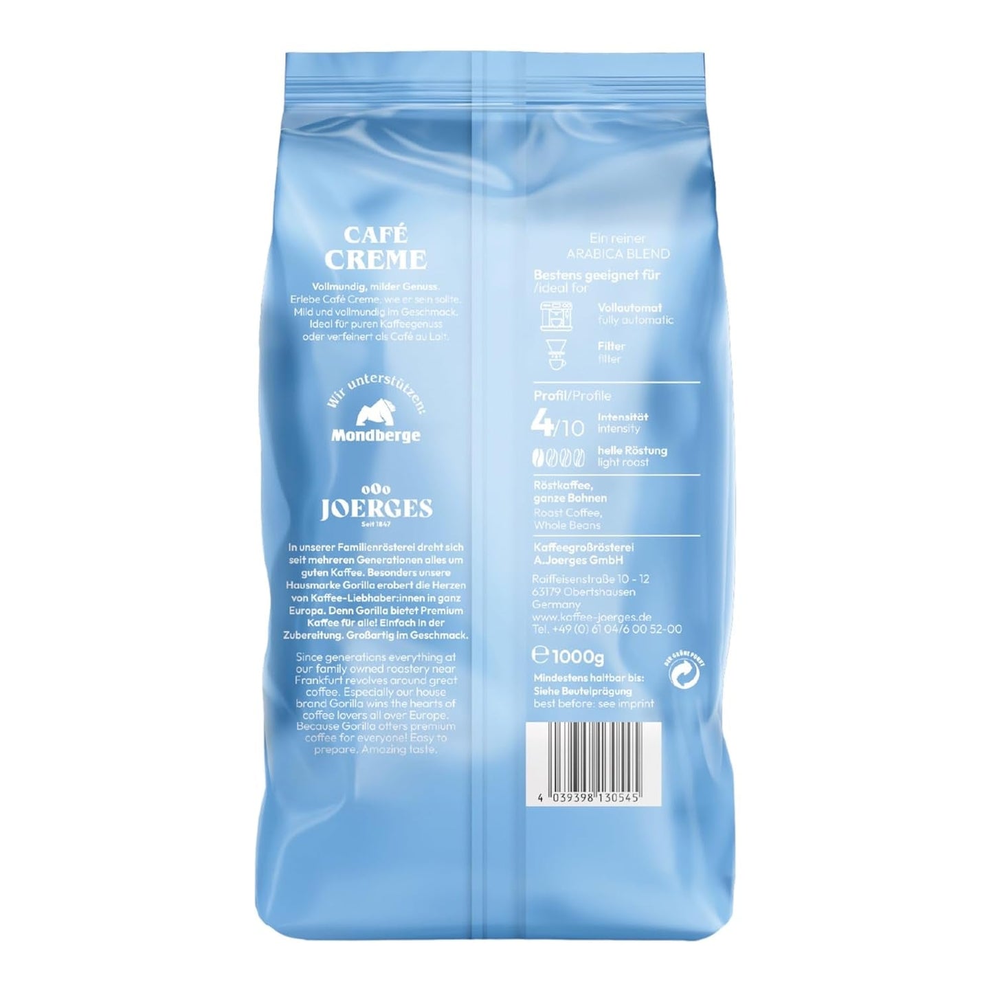 Gorilla Café Creme 6x 1000g | 100% traditionele Arabica-Bohnen | Ideal Volllautomaten Crema harmonisches Aroma | geriger Koffeingehalt helle Röstung | Vorratspackung
