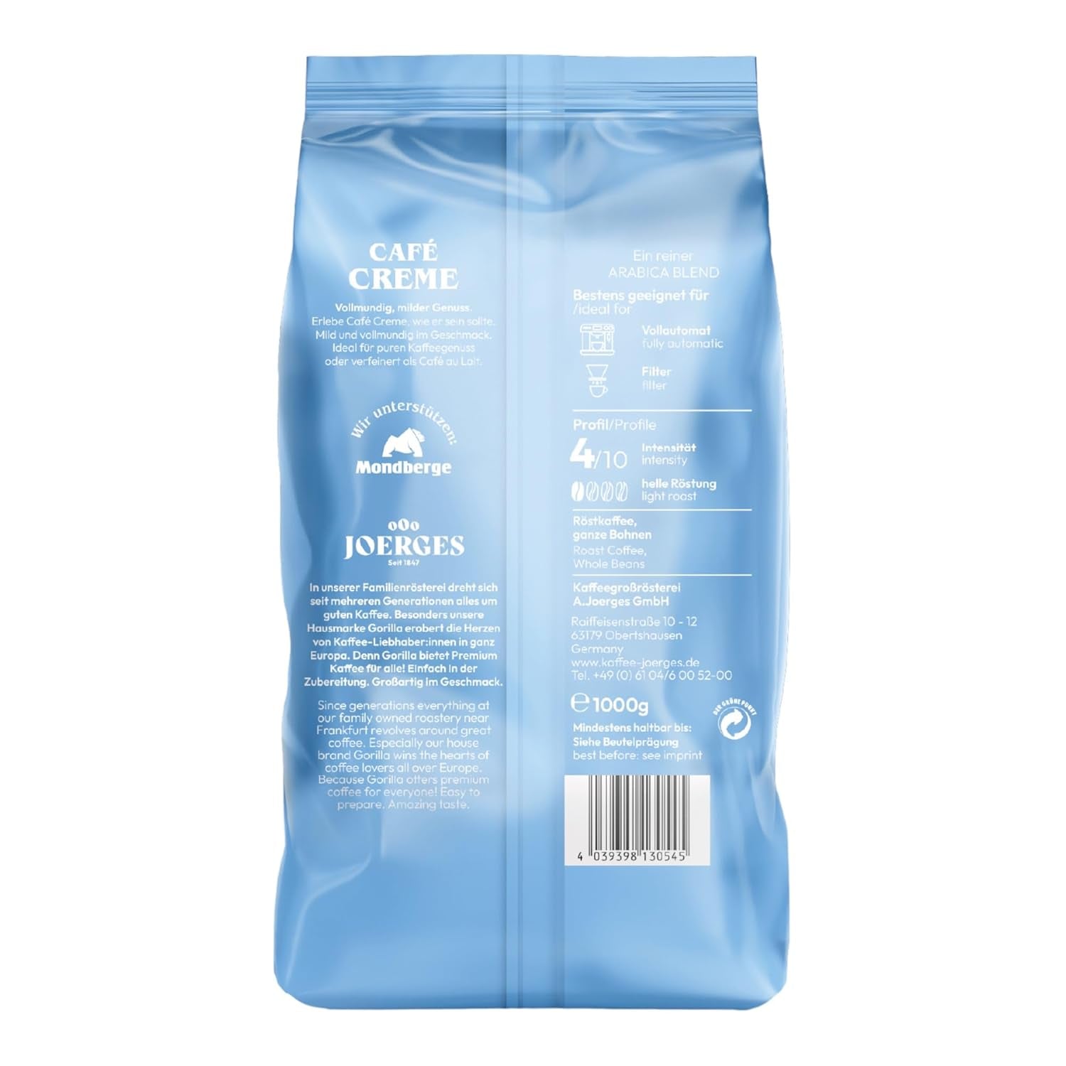 Gorilla Café Creme 6x 1000g | 100% traditionele Arabica-Bohnen | Ideal Volllautomaten Crema harmonisches Aroma | geriger Koffeingehalt helle Röstung | Vorratspackung