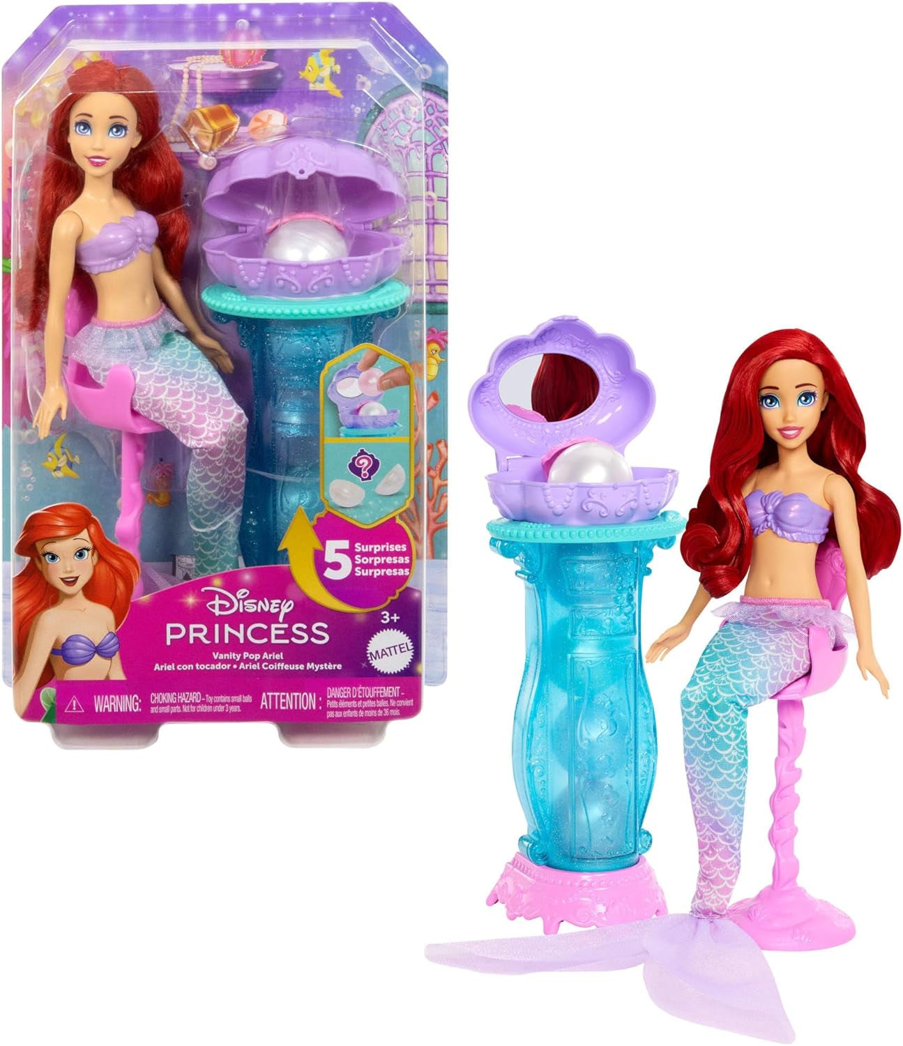 Mattel Disney Princess speelgoed, make-up schelp zeemeermin Arielle modepop met afneembare staart, make-up tafel met 5 herhaalbare pop-up verrassingen en 5 accessoires, JBF86 poppen Naty Shop Set Ariel
