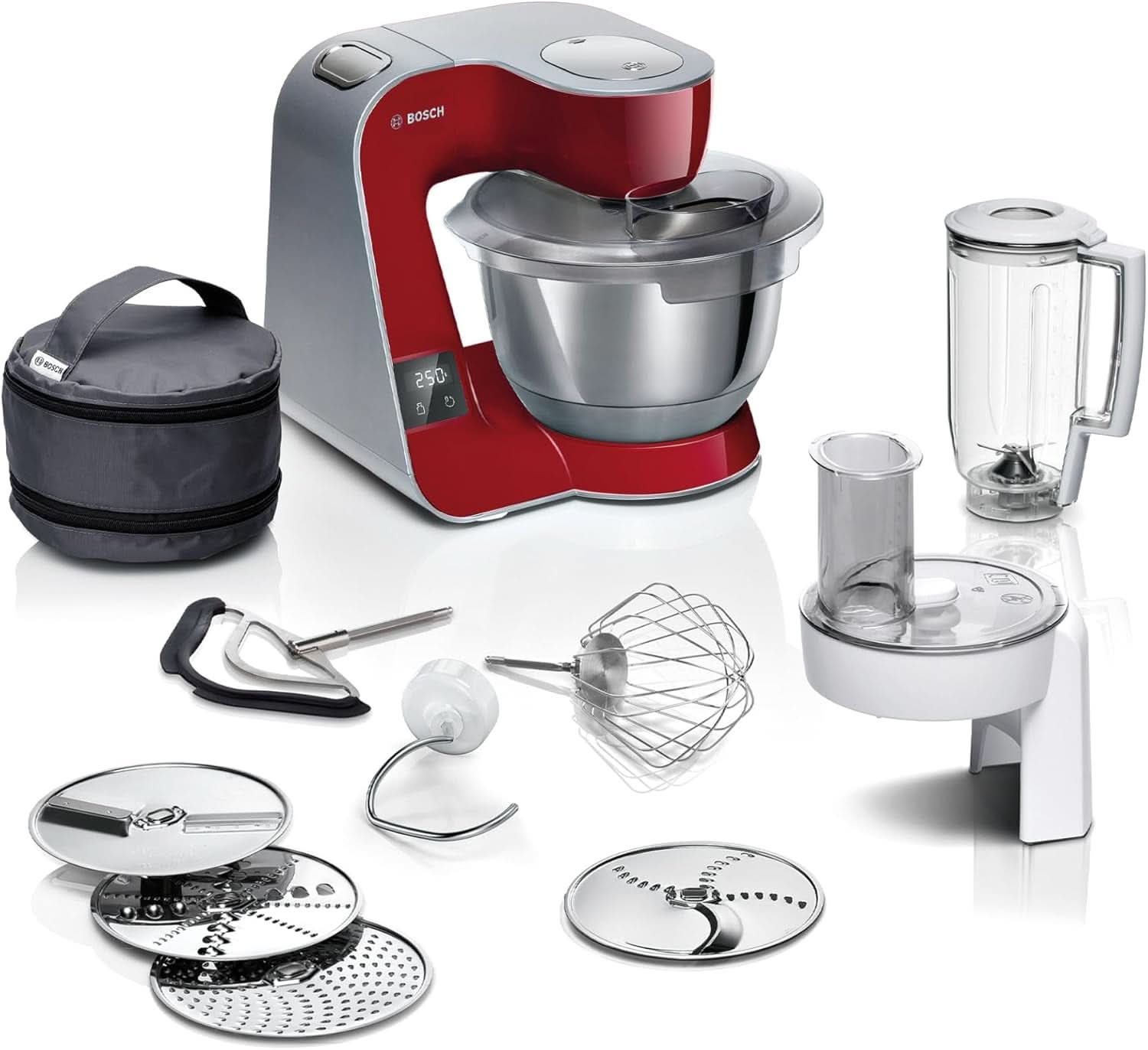 Keukenmachine Bosch Series 4 MUM5X720, geïntegreerde weegschaal, roestvrijstalen kom 3,9L, mixer 1,25L, 1000W Accessoires Voeding en borstvoeding Baby Naty Shop Single Donkerrood / zilver 2 accessoires
