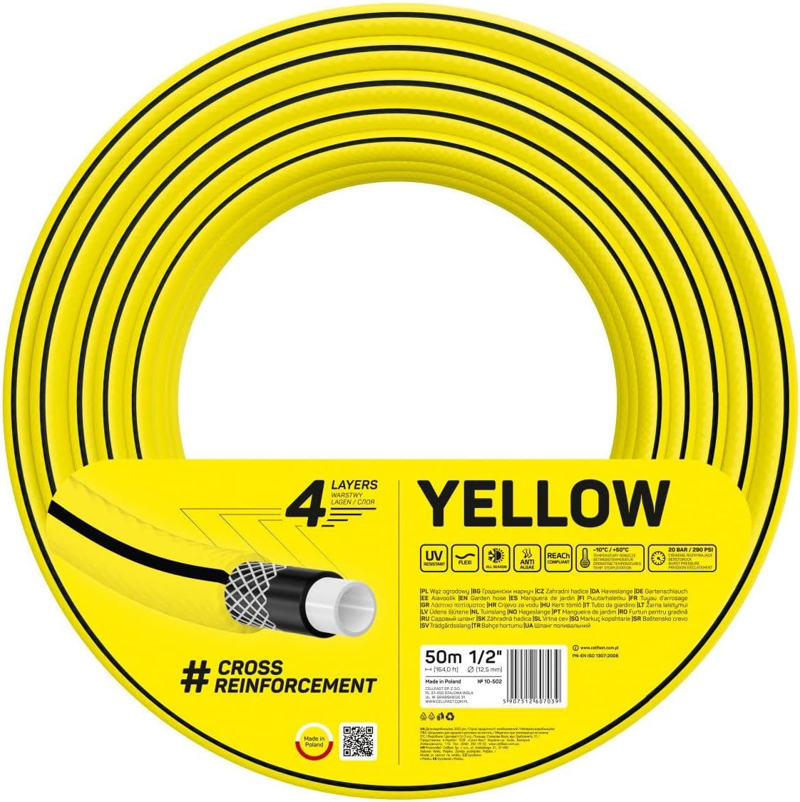 Tuinslang Cellfast GEEL, lichtgewicht, duurzaam, 4-laags, duurzaam kruisvlechtwerk, UV- en algenbestendig, torsiebestendig, REACH technologie, 20 bar, -10/+50°C, sluiting: 1/2", 50m