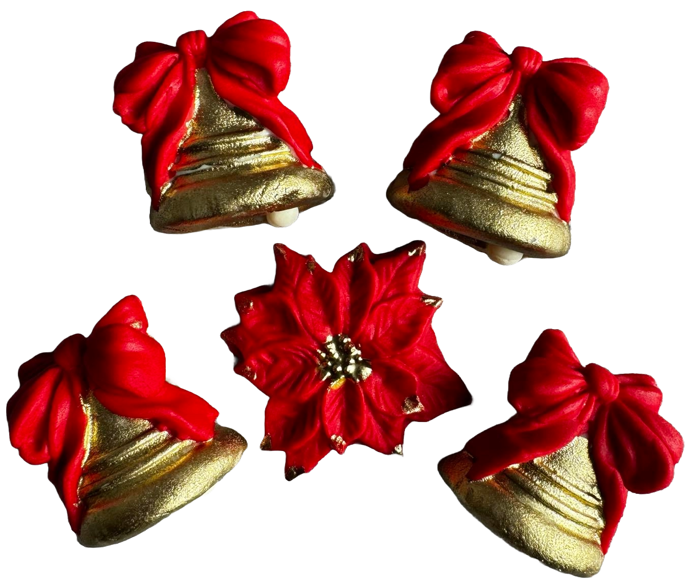 Set van 5 eetbare decoraties van suikerpasta, Kerstmis, belletjes met rode strikken Sugarpaste Decorations Naty Shop