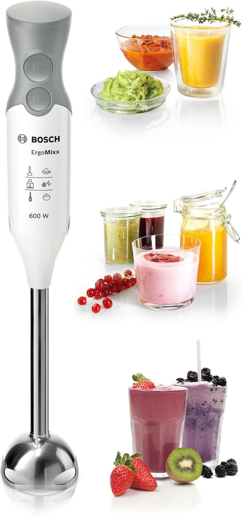 Bosch Stabmixer Ergomixx MSM66110, Edelstahl-Mixfuß, Mix- en Messbecher, 2 Geschwindigkeitsstufen, Leichtes Gehäuse, 4-Klingen-Messer, Einfache Reinigung, 600 W, Weiß/Grau Kitchen Naty Shop