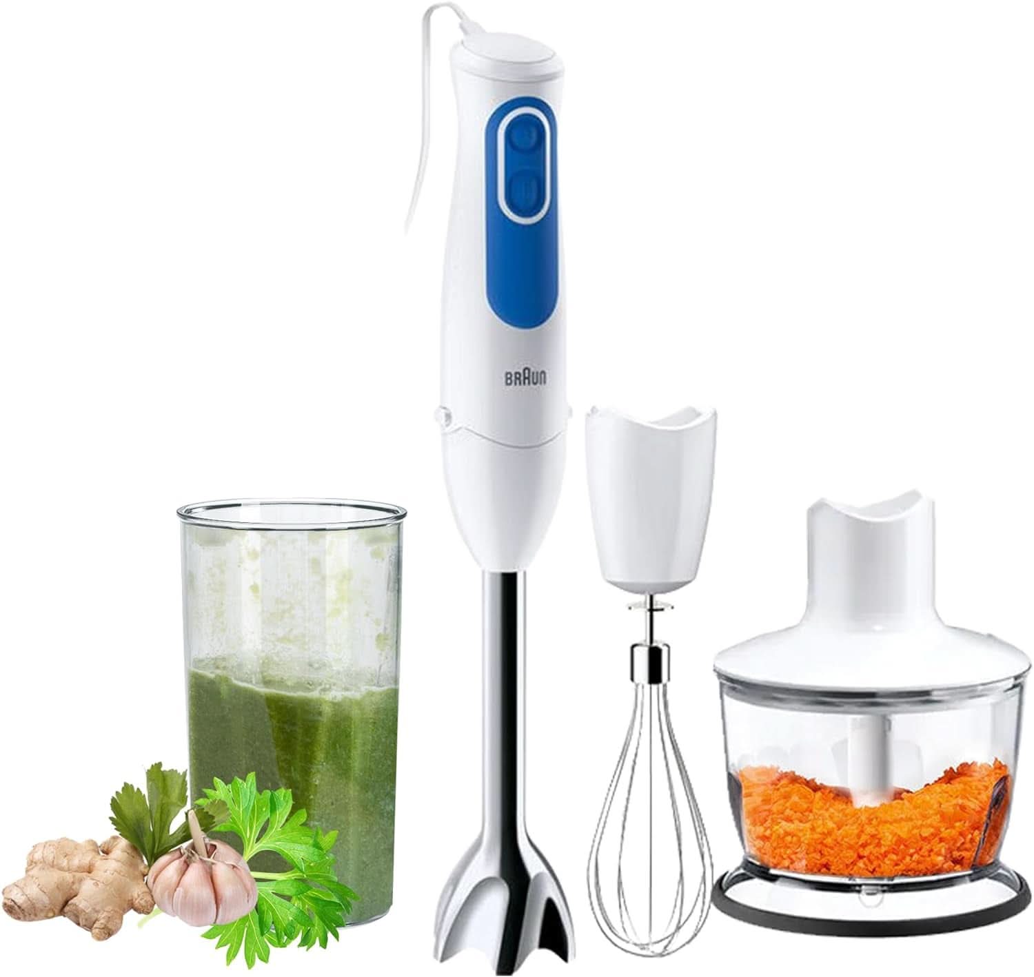 Braun Household Stabmixer MQ 3035 WH - Multiquick 3 Pürierstab Mit Edelstahl-Mixfuß, 2 Geschwindigkeiten, Spritzschutz, Spülmaschinenfest, Zerkleinerer, Schneebesen & 600Ml Mix- en Messbecher, Weiß Kitchen Naty Shop