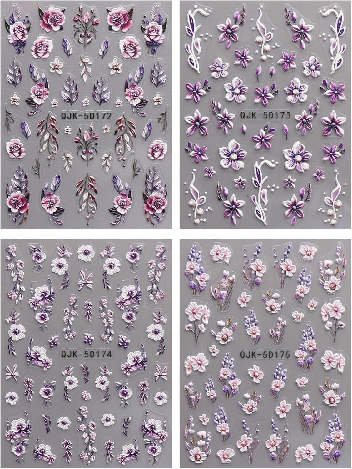 JMEOWIO 3D Nagelsticker Blumen Nail Art Sticker Selbstklebend Nagelaufkleber 5D Stereoskopisch Frühling Zomer Decoratie Nageldesign Zubehör 4 Blatt