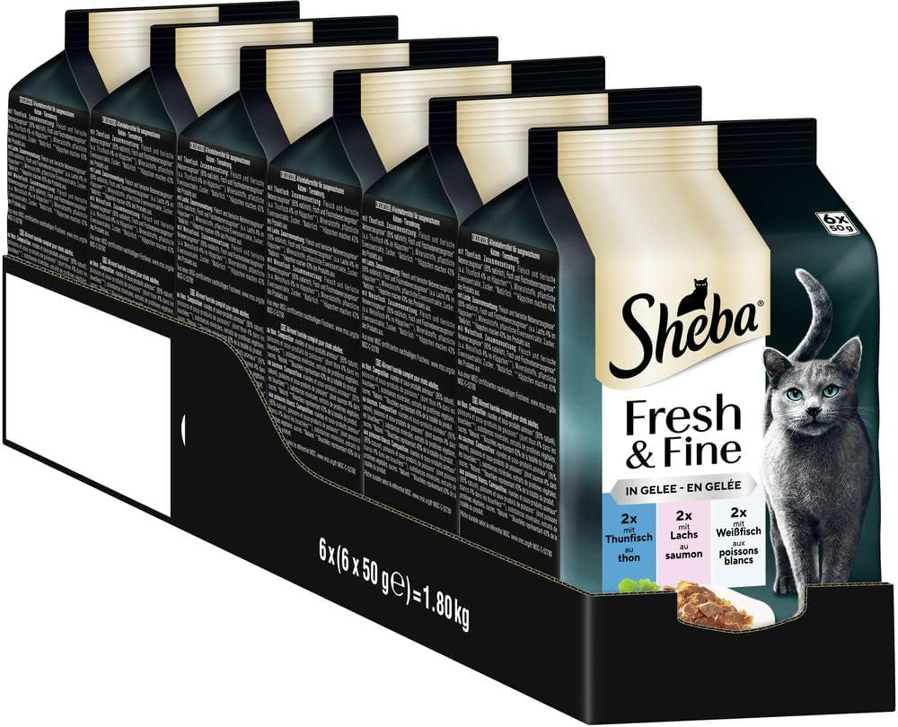 Sheba Portion Pouches Natvoer voor katten, Multipack Fresh & Fine in gelei met MSC tonijn en zalm, 6x6x50g - Gezonde maaltijden voor katten met gelei