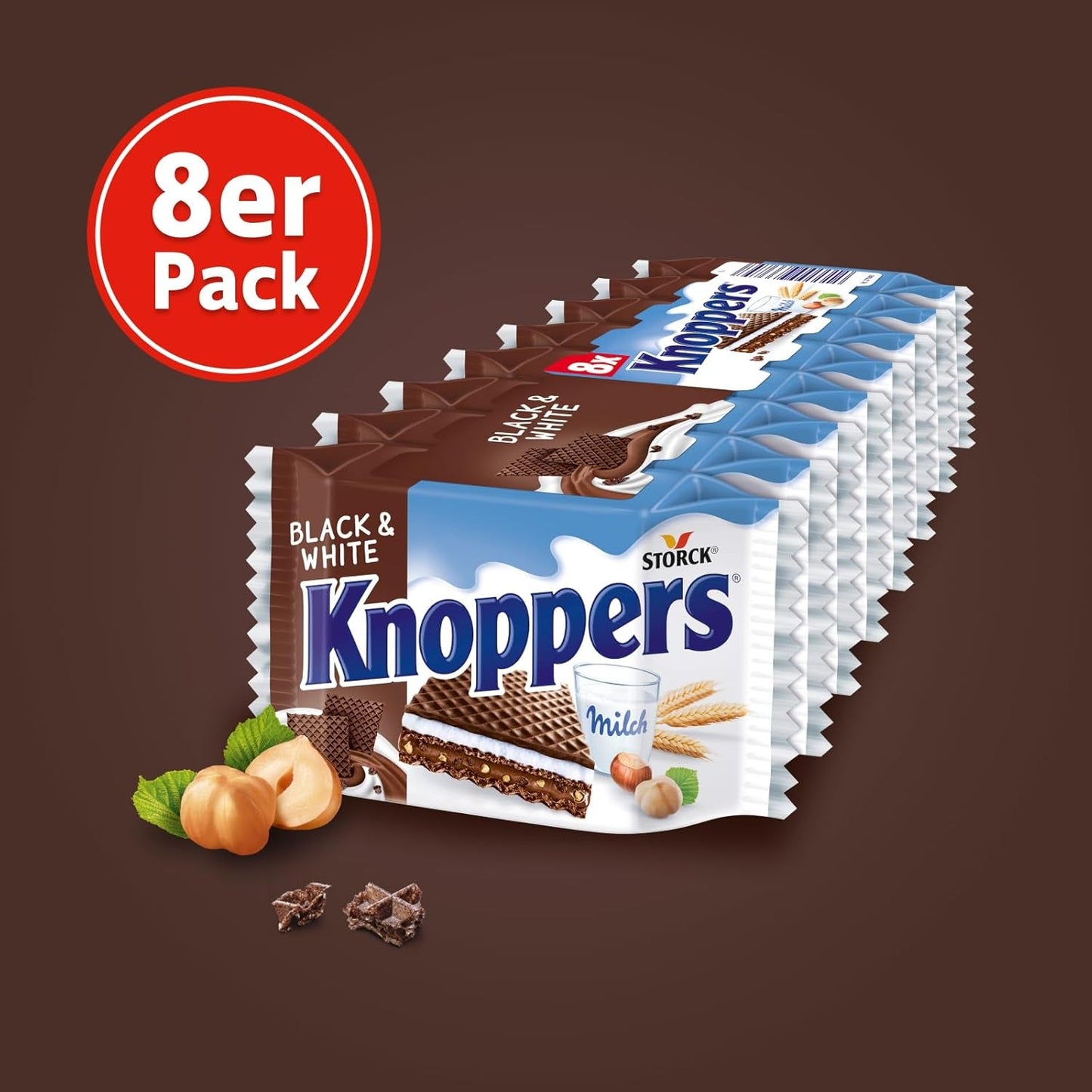 Witte en Zwarte Knoppers – 8 x 25 g – Wafelschijfjes gevuld met donkere cacaowafels, stukjes zwarte koekjes, melk en nougatcrème