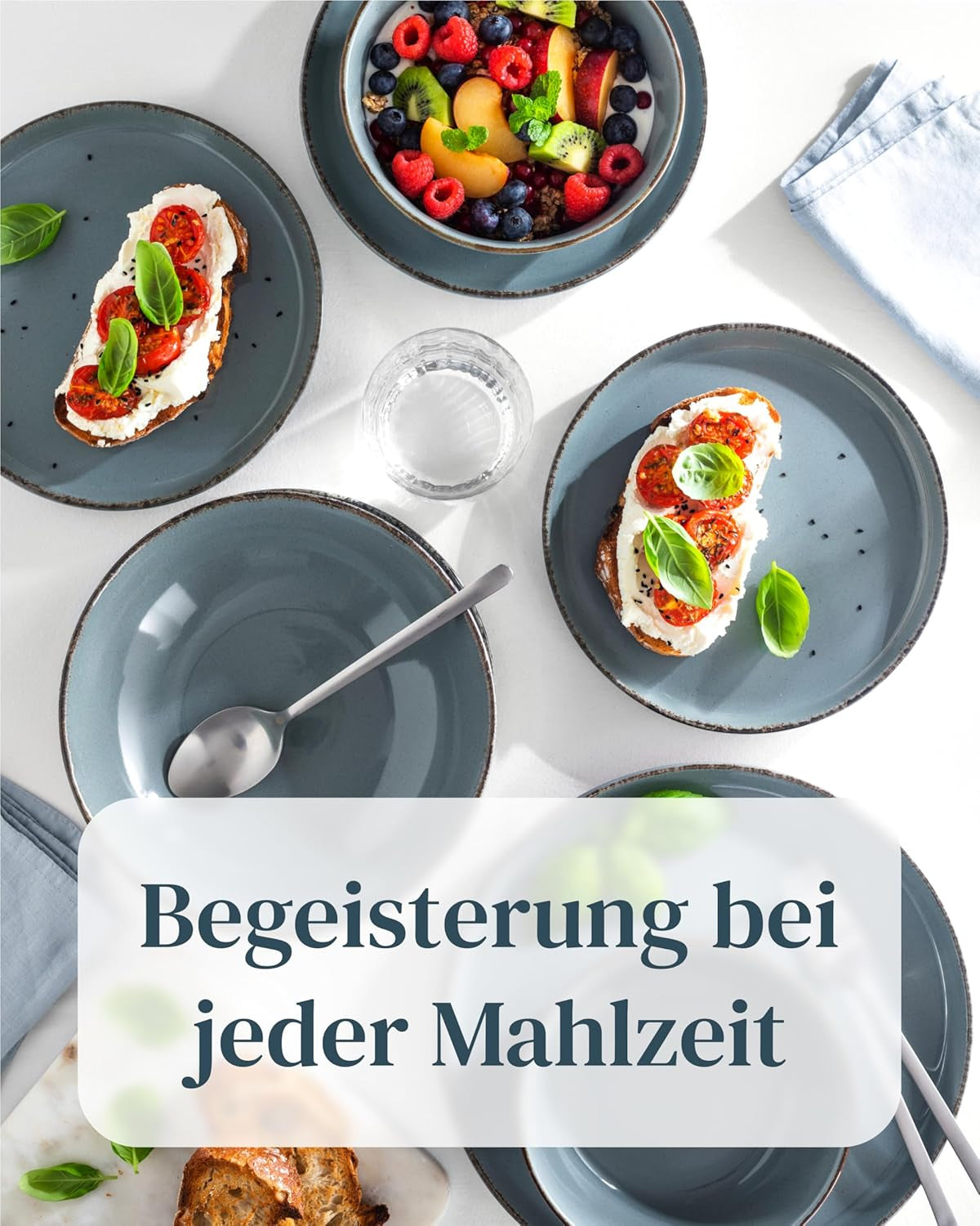 Steingut Geschirrset 12 Personen Rustiek 36 tlg. TESTSIEGER, Hochwertiges Landhaussttil Steingut Geschirr Set, Schüssel- und Teller Set, Tafelservice 12 Personen, Geschirrsets Puur Wonen in Rauchblau