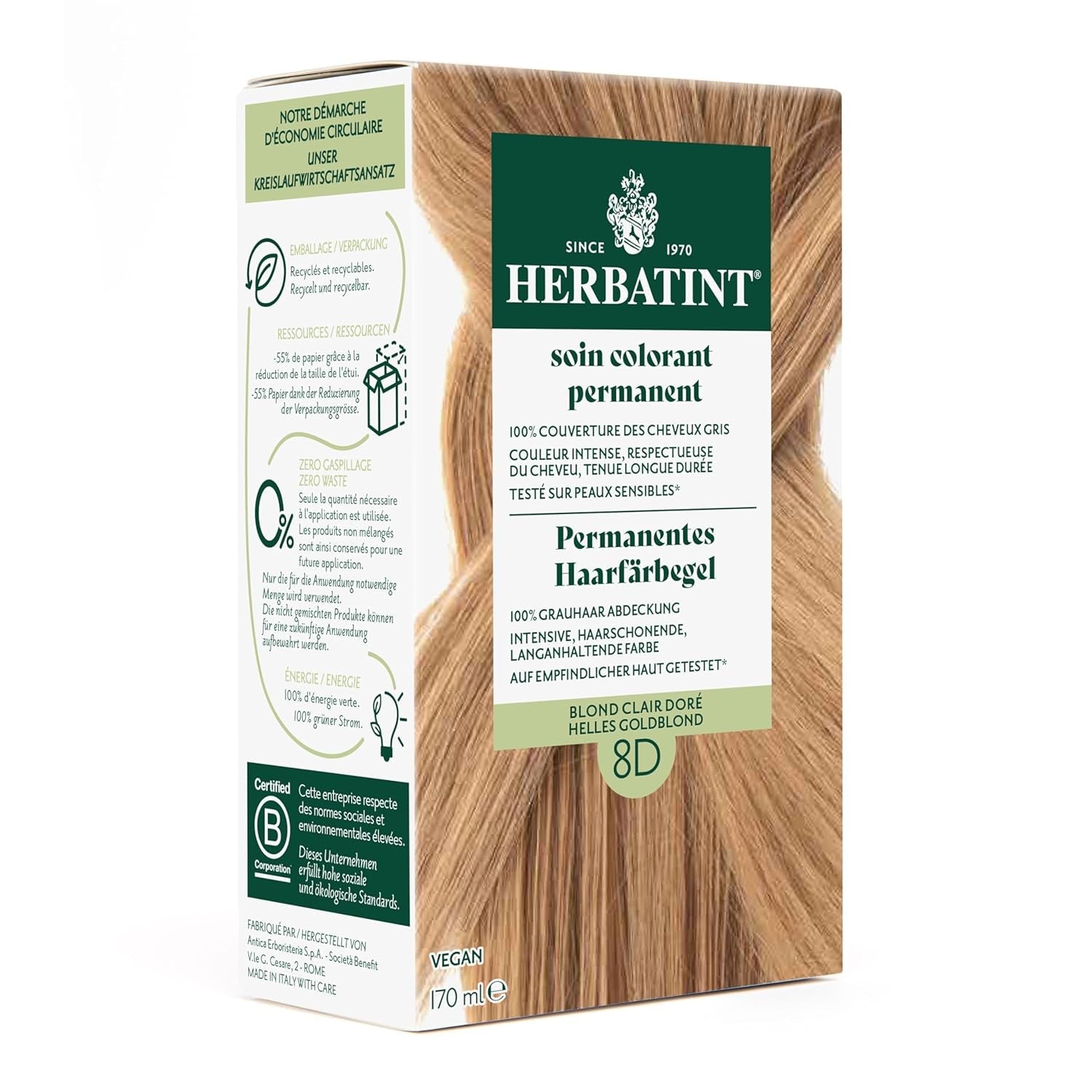 Permanente haarverfgel 6N Donkerblond - 170 ml I Ammoniakvrij, 100% grijze haardekking Ik getest op een gevoelige huid, met 8 plantenextracten Naty Shop Haarverf 8D Licht Goudblond