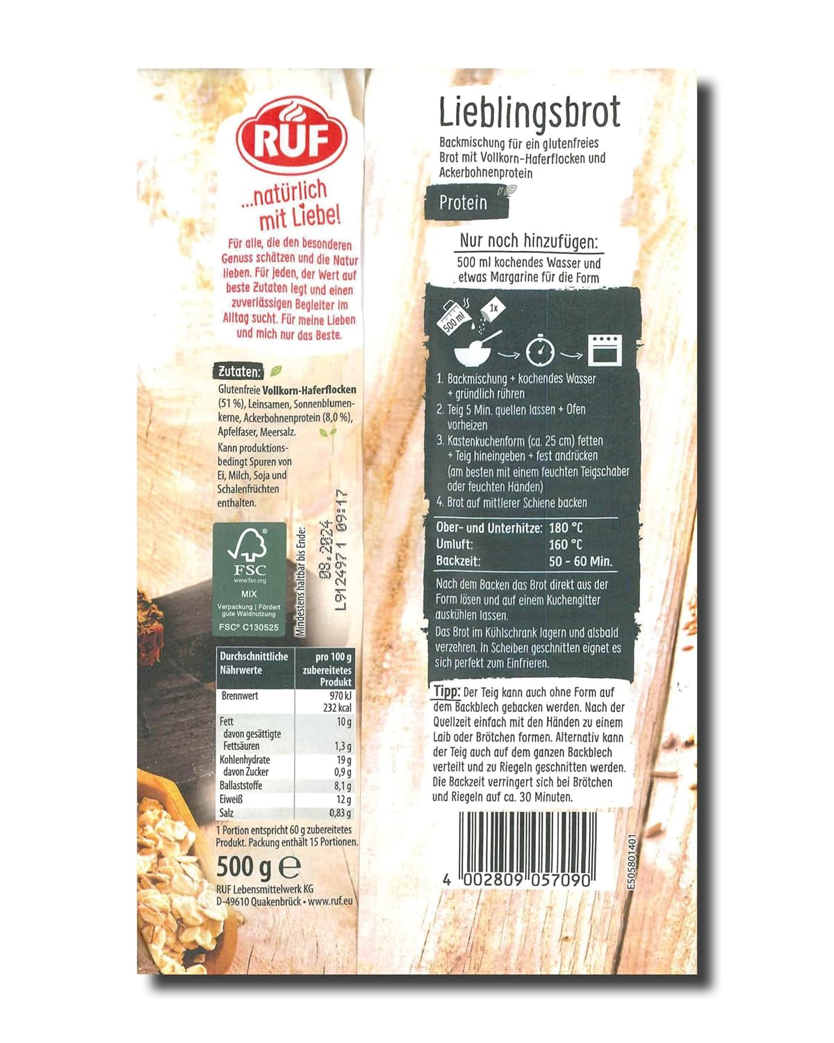 RUF Lieblingsbrot Protein, Brot-Backmischung, Brotmischung, Brotteig-Mischung, Proteinreiches Brot, Glutenvrij, Ohne Mehl & Hefe, 1 X 500G Naty Shop