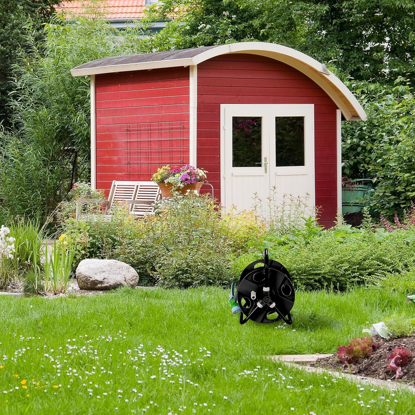 Relaxdays slanghaspel, voor 30 m 1/2" slang, staal, kunststof, slanghouder, HL: 38 x 42 x 31 cm, zwartgrijs