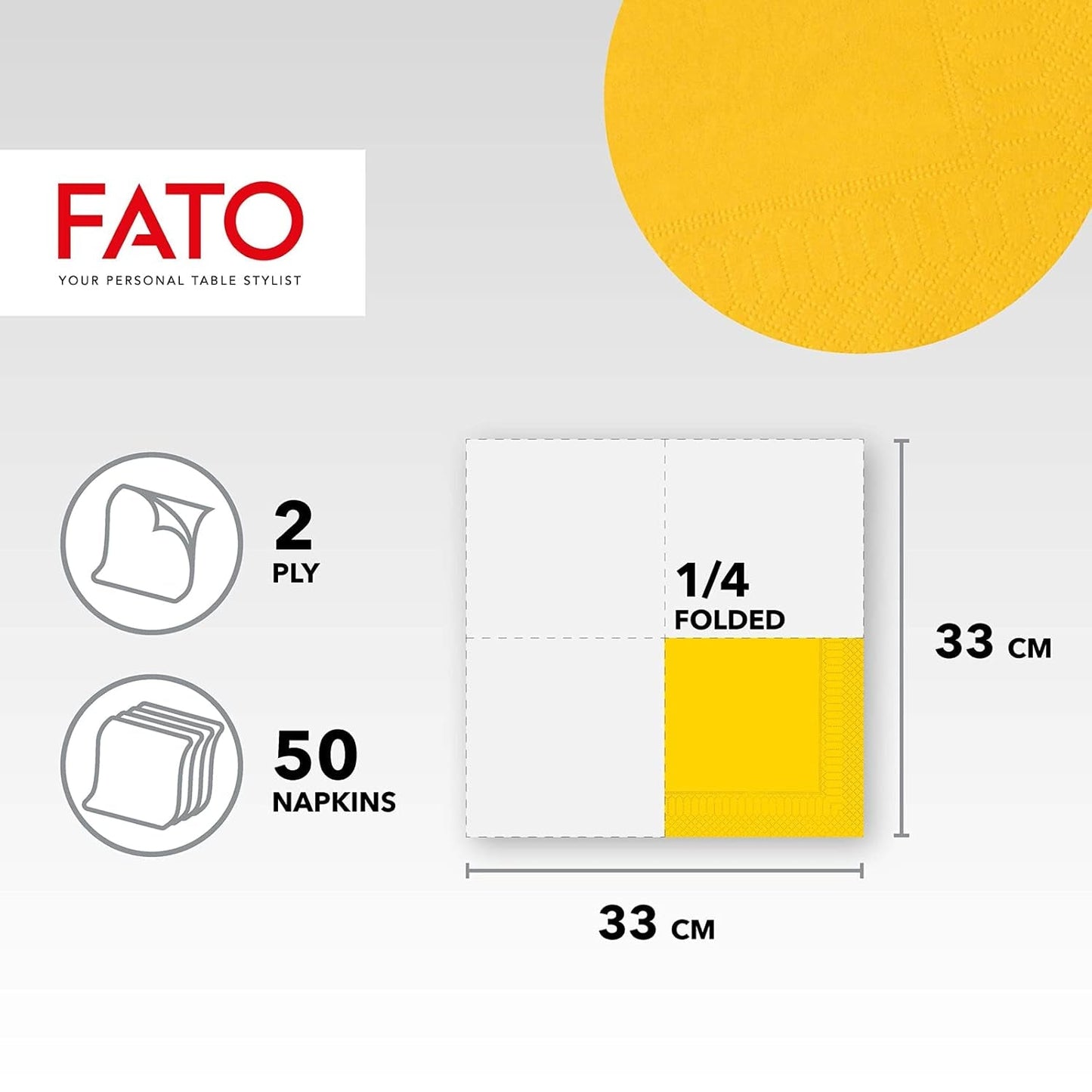 , Papieren wegwerpservetten, Ideaal voor informele lunches en buffetten, Verpakking van 50 servetten, Maat 33X33, 4-voudig, 2-laags, Geel, 100% puur cellulosepapier, FSC-gecertificeerd