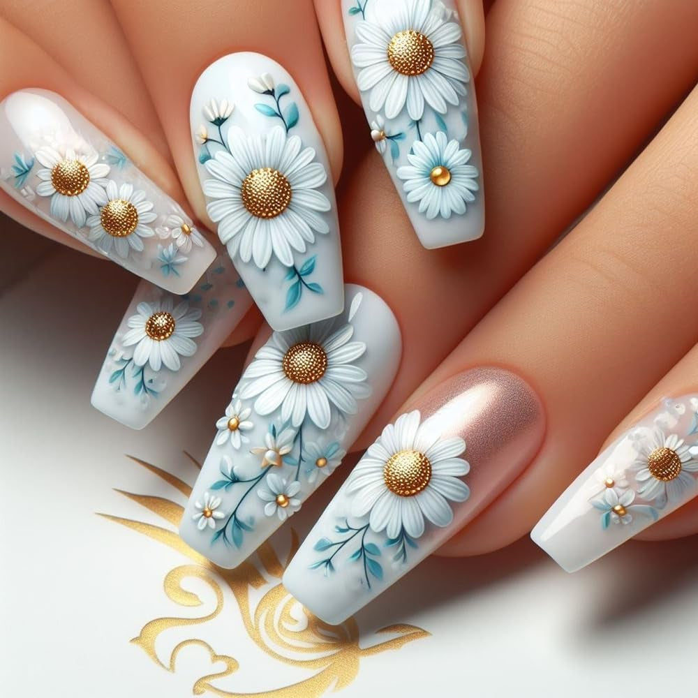 24 stuks lange druk op nagels doodskist kunstnagels vlinder bloem zelfklevende nagels wit bruin acryl nagel set nagel tips vrouwen lente zomer nagel accessoires