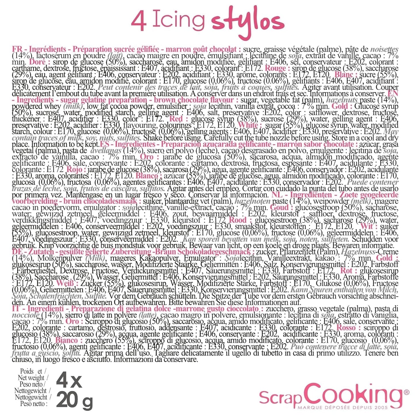 Scrapcooking - 4 stuks markers: goud, chocolade, wit en rood - decoratieve eetbare stiften voor het schrijven en tekenen op desserts, taarten en koekjes
