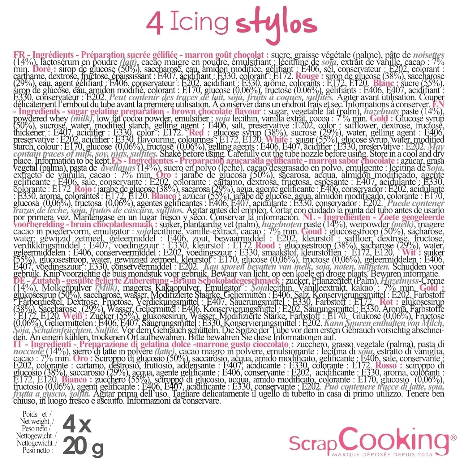Scrapcooking - 4 stuks markers: goud, chocolade, wit en rood - decoratieve eetbare stiften voor het schrijven en tekenen op desserts, taarten en koekjes