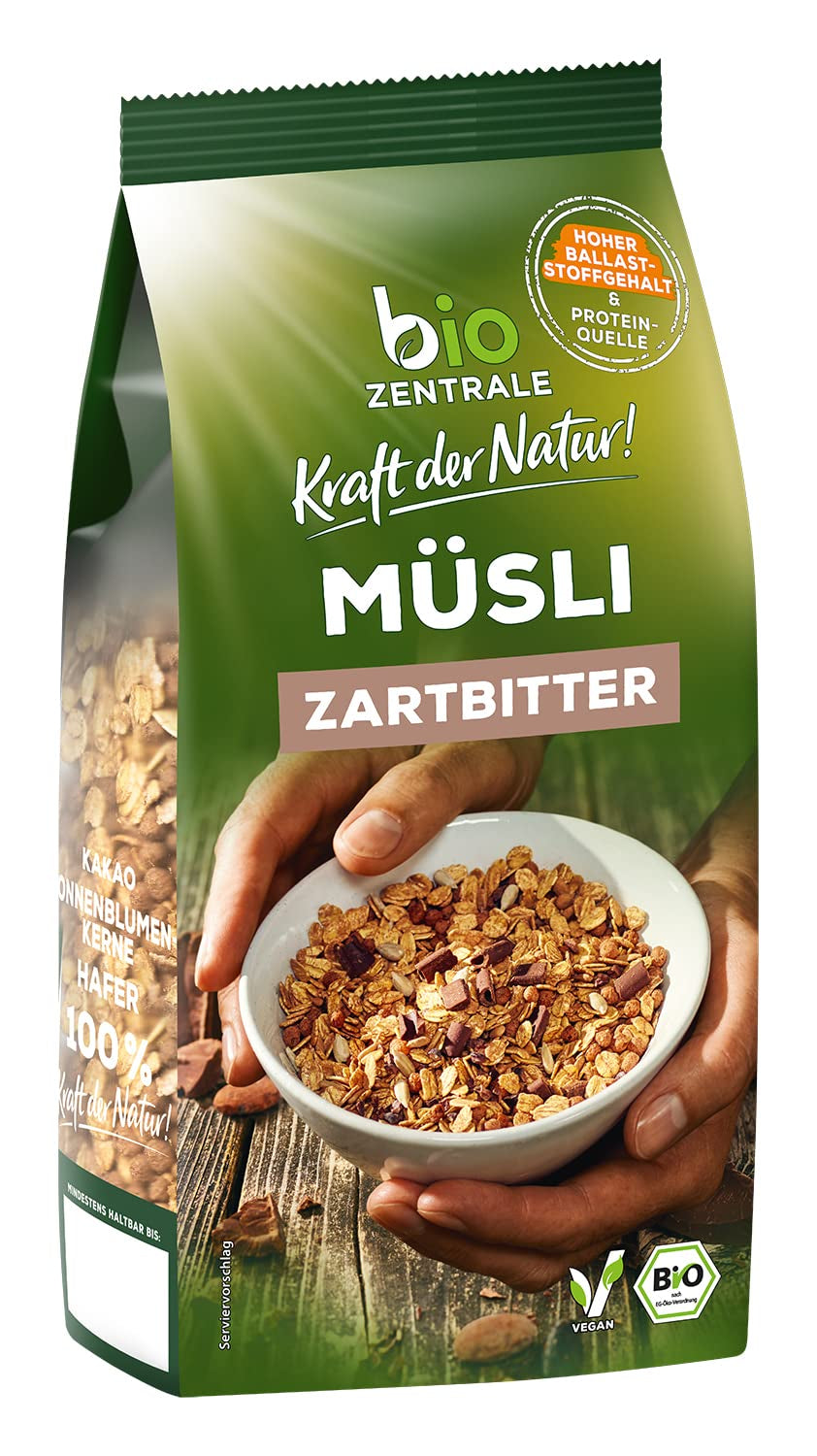 Biocentrale Muesli met pure chocolade | 500g Biologisch Veganistisch | Ideaal voor het ontbijt en je kopje meeneemmuesli | Alternatief voor mueslirepen