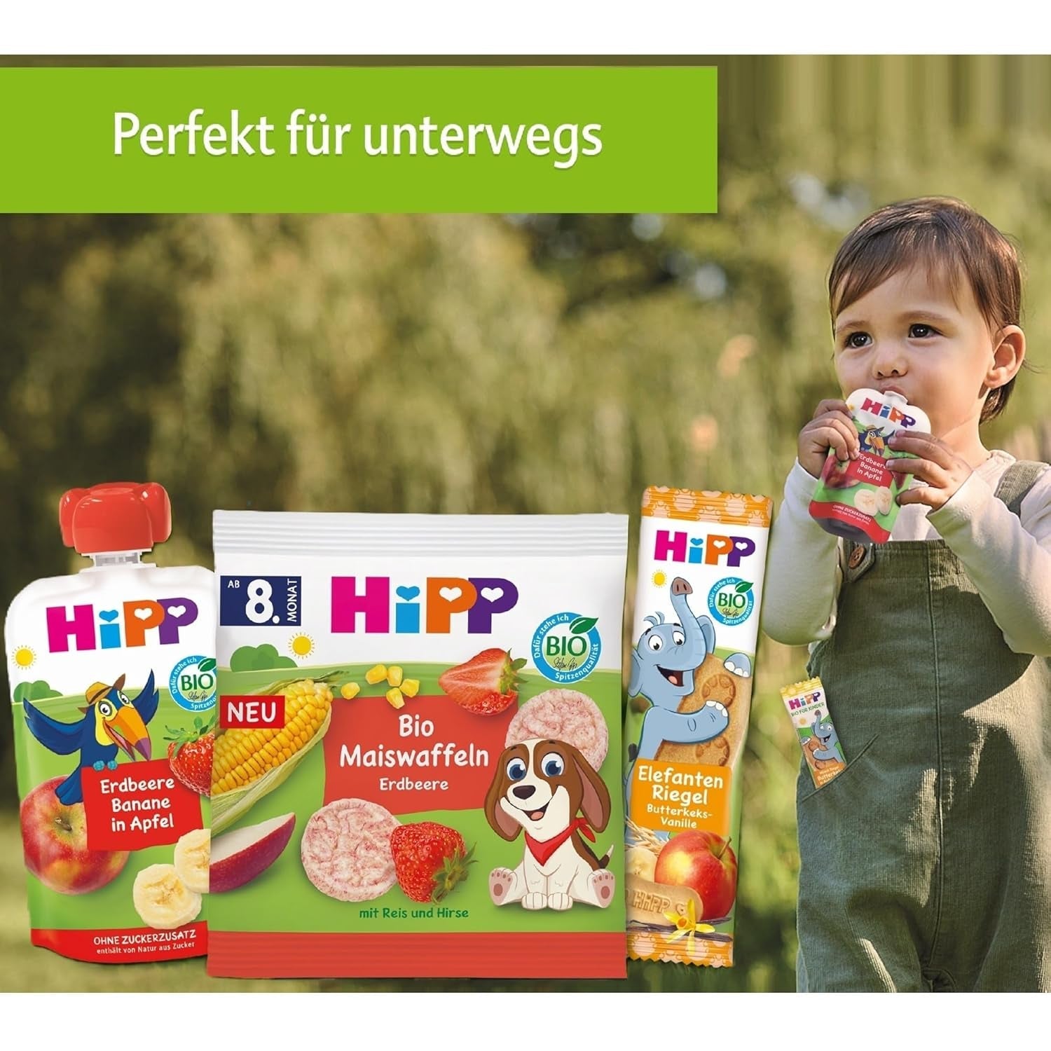 HiPP Organic Fruit Plus zakjes met granaatappel en acerola in een mengsel van appel en framboos - Ben Beagle (8 x 100g), vanaf 1 jaar, 100% fruitpuree, geen toegevoegde suikers, vegan, beste biologische kwaliteit