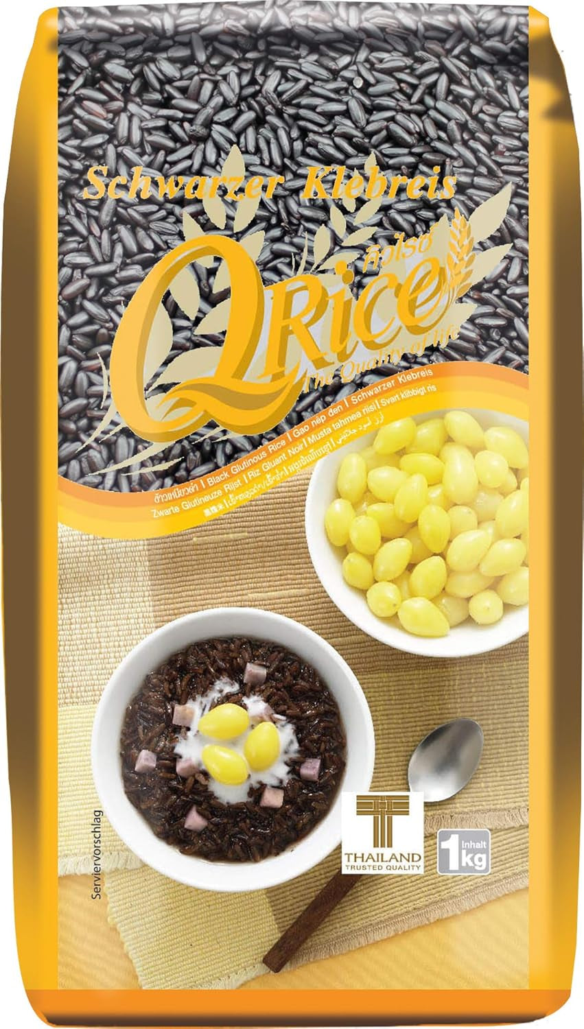 Q RIJST | Zwarte langkorrelige kleefrijst uit Thailand | Aromatisch met een delicaat vleugje noot | Ideaal voor curry-, sushi- en mochi-desserts | 1 x 1kg