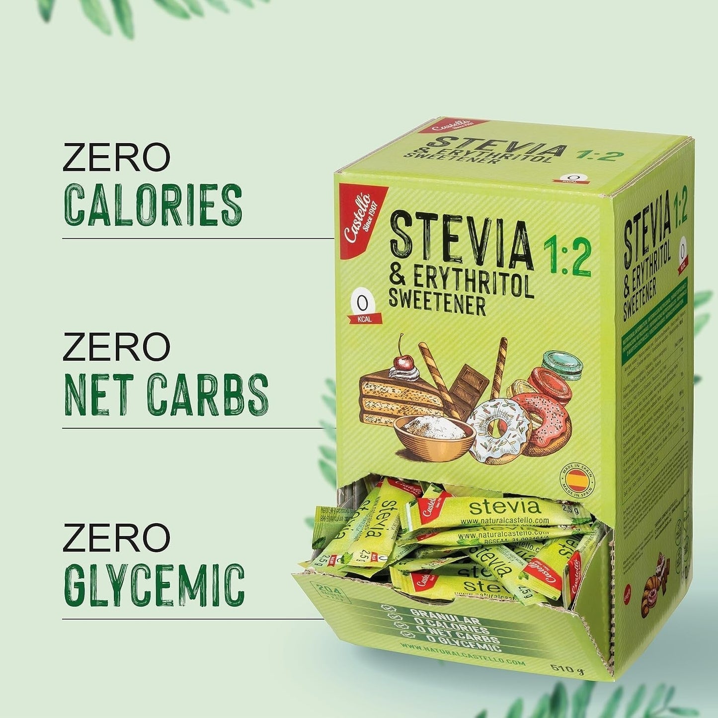 Stevia + Erythritol 1:2 Süßstoff | 204 Mythezak 2,5 G | 100% Natürlicher Zuckerersatz - 0 Kalorien - 0 Glykämischer Index - Keto en Paleo - 0 Kohlenhydrate - Kein GVO - Castello sinds 1907-510 G Zoetstoffen Naty Shop