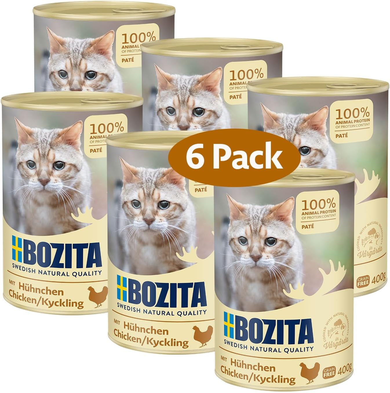 Bozita graanvrije kippenpaté - 6 x 400 g natvoer voor katten en kittens. Compleetvoer met 9,5% eiwit en 5% vet, gemaakt van hoogwaardige natuurlijke ingrediënten, graanvrij - uit Zweden