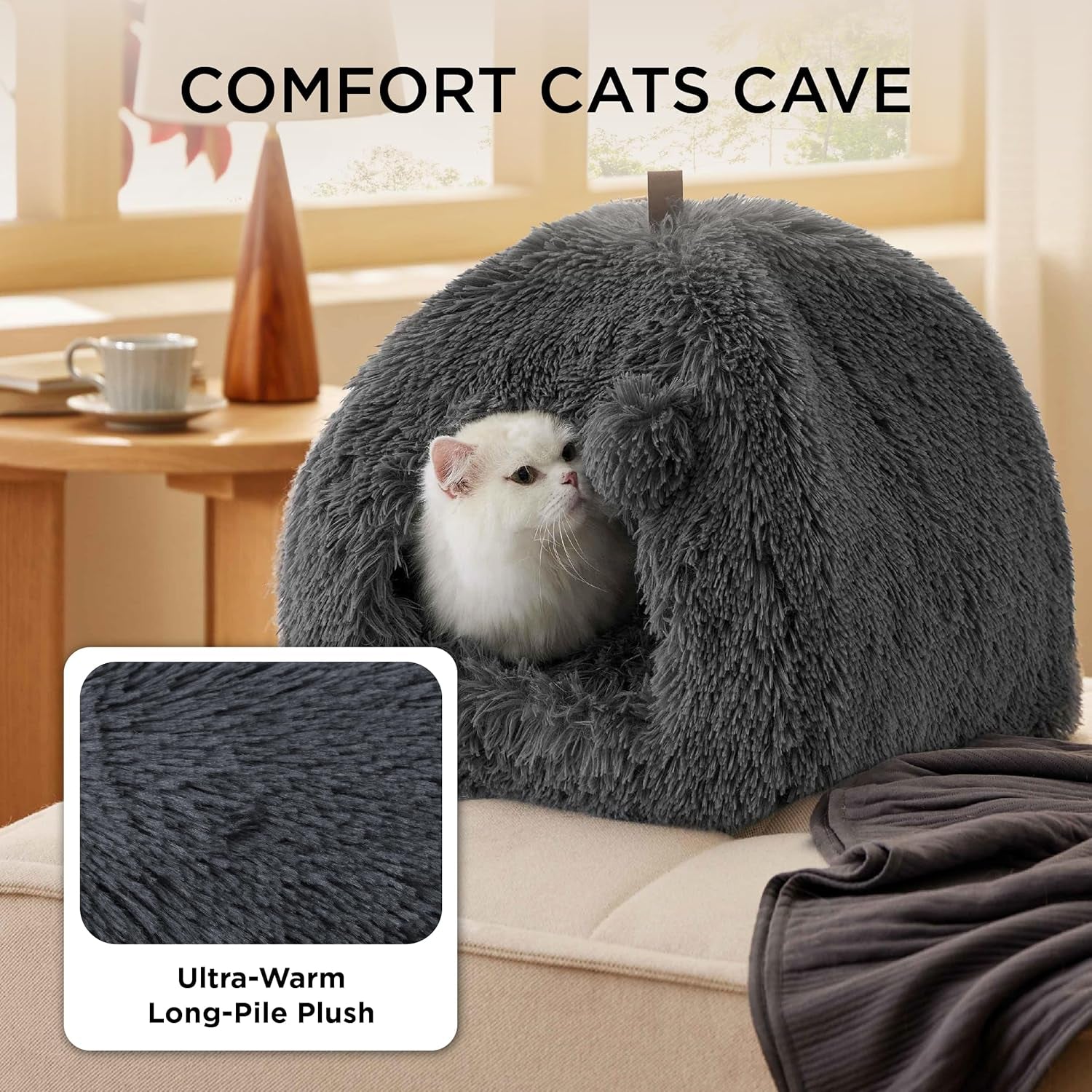 BEDSURE Katzenbett große Katzen Katzenhöhle- 44x44x44 cm Plüsch Katzenhaus Indoor mit abnehmbarem Katzenkissen en ophangen Spielzeug, Katzen Bettchen waschbar, dunkelgrau