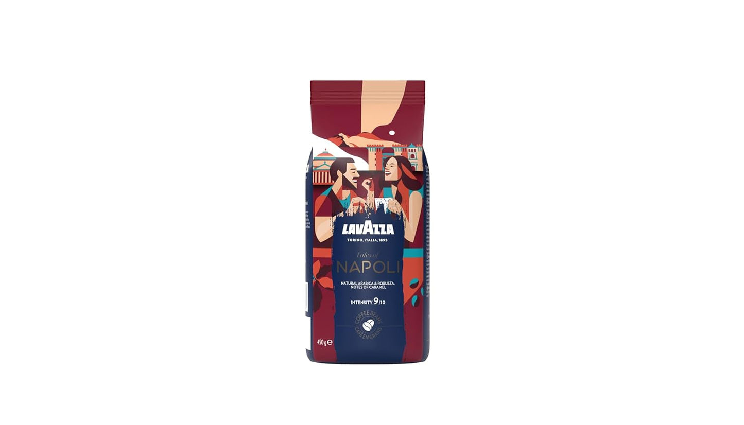 Lavazza, Tales of Napoli, koffiebonen, ideaal voor espressomachines, met aromatische tonen van cacao en karamel, Arabica en Robusta, intensiteit 9/10, intens gebrand, 450 g