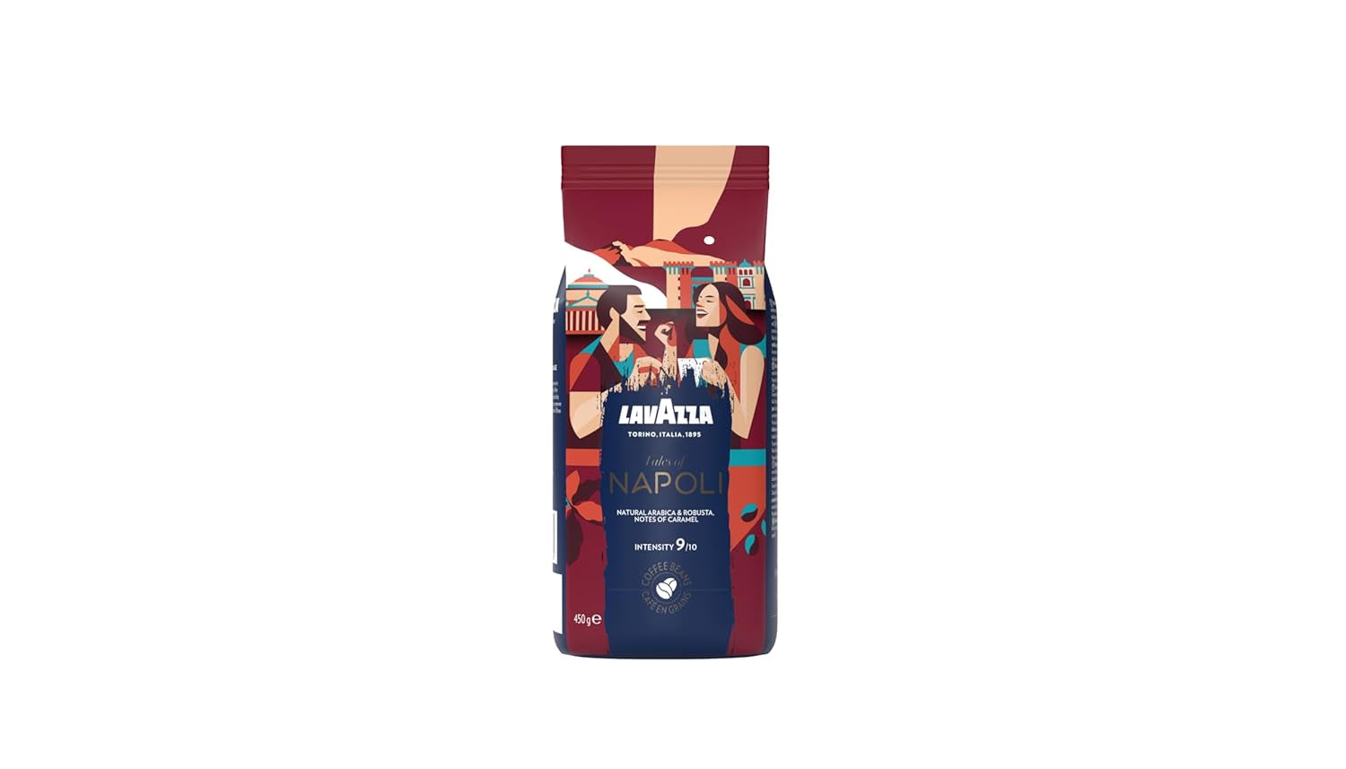 Lavazza, Tales of Napoli, koffiebonen, ideaal voor espressomachines, met aromatische tonen van cacao en karamel, Arabica en Robusta, intensiteit 9/10, intens gebrand, 450 g