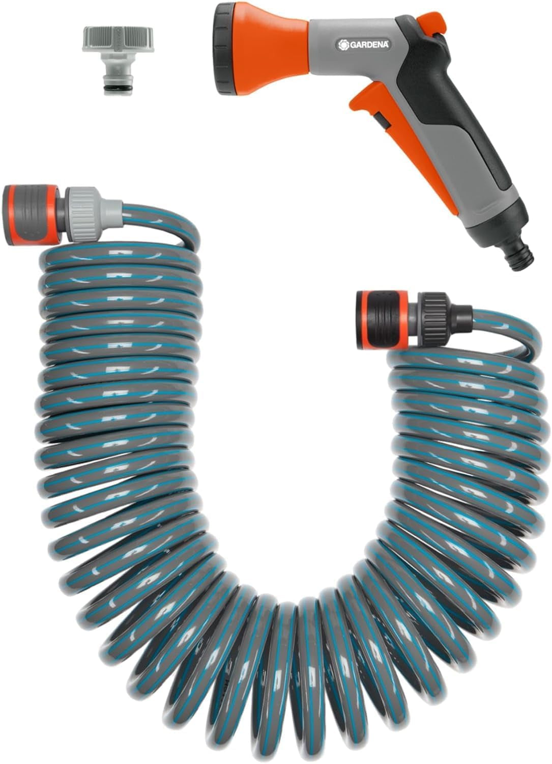 Gardena 4647-20 spiraalslang complete set, met automatische slangoprolfunctie, met sproeikop en kraanaansluiting (slanglengte: 10 m, slangdiameter: 9 mm, set: ja)