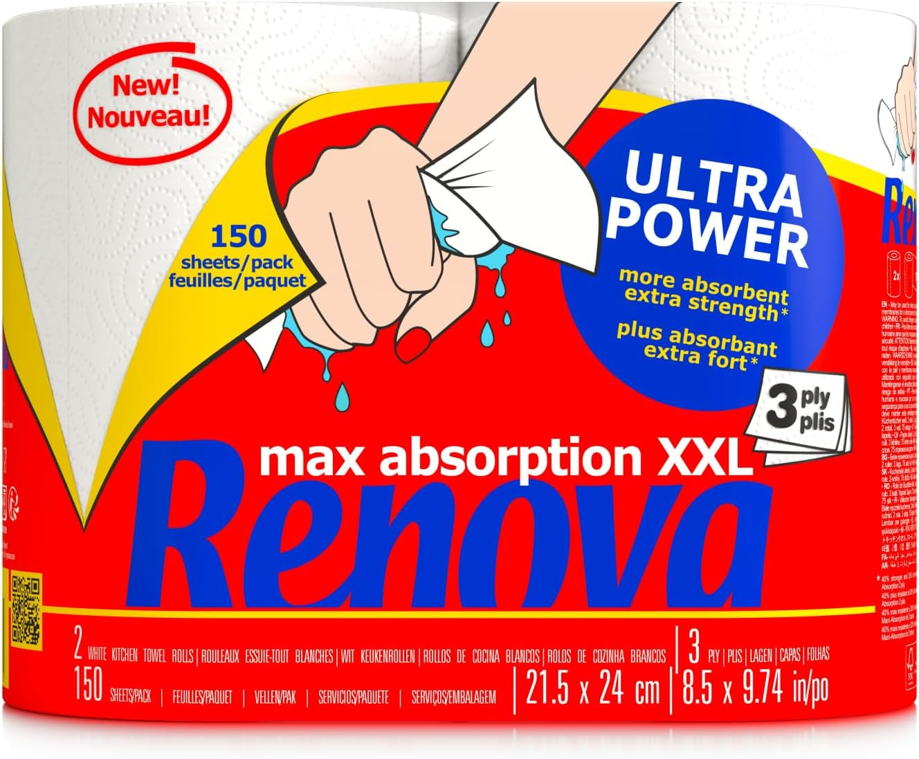 Keukenrollen Renova Renova Ultrapower | 24 XXL-rollen = 60 standaardrollen | 3 ultra-absorberende lagen met maximale weerstand | Fsc-gecertificeerd papier