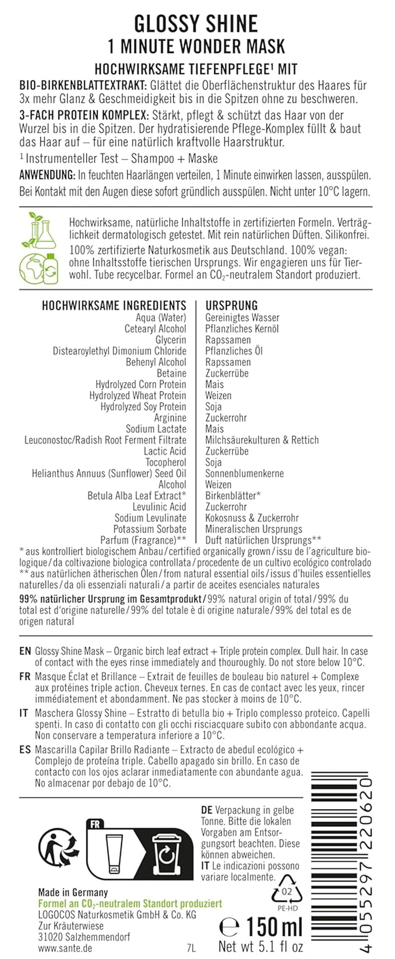 SANTE Naturkosmetik Glossy Shine Mask biologisch berkenbladextract + 3x eiwitcomplex, siliconenvrij en hydraterend haarmasker, veganistische haarverzorging voor meer glans en soepelheid, 150 ml Naty Shop Haarmasker