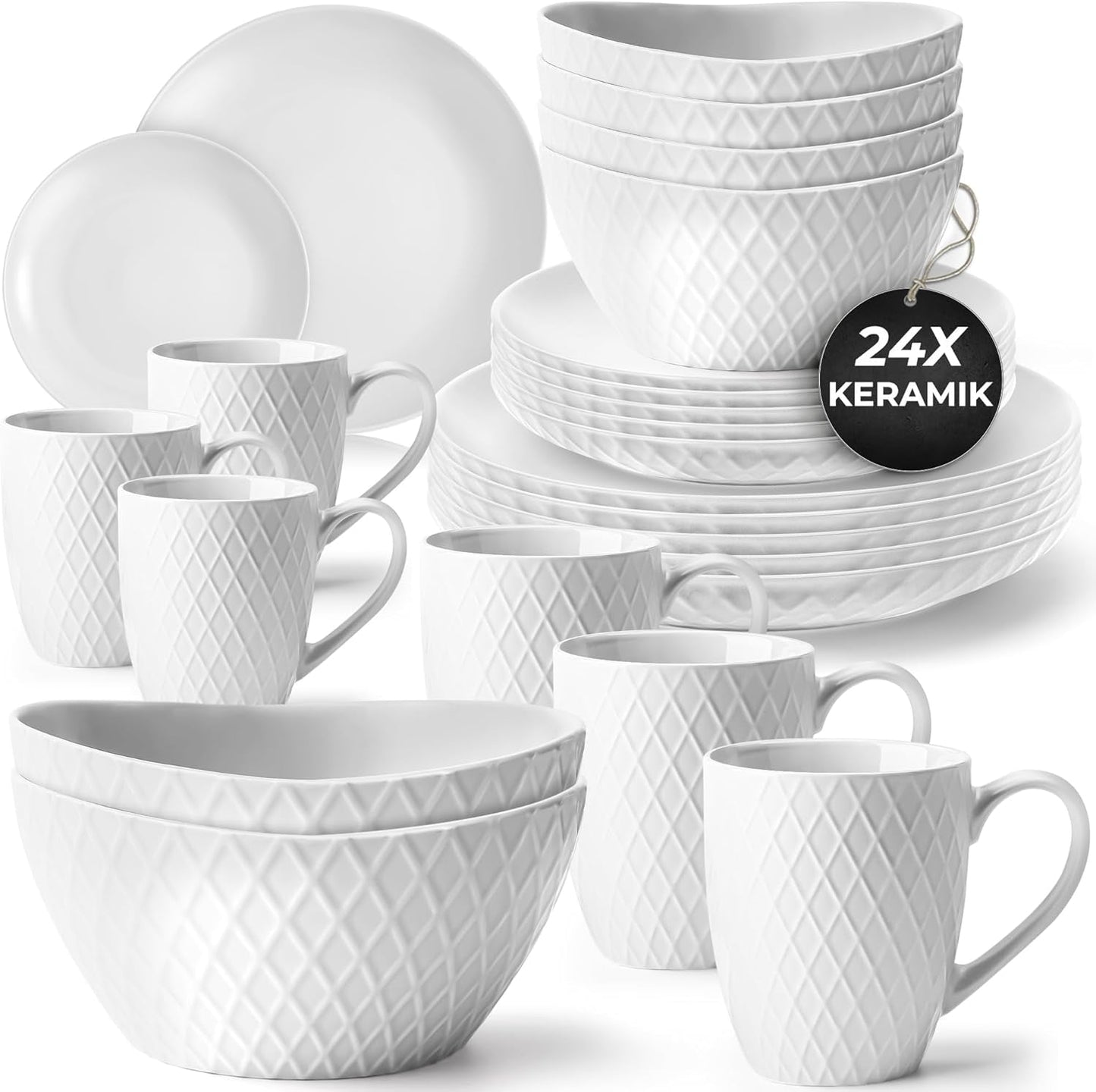 MIAMIO - Keramische serviesset, 24-delig, gecombineerd servies voor 6 personen - Vaatwasmachine- en magnetronbestendig - Palmanova-collectie (wit)